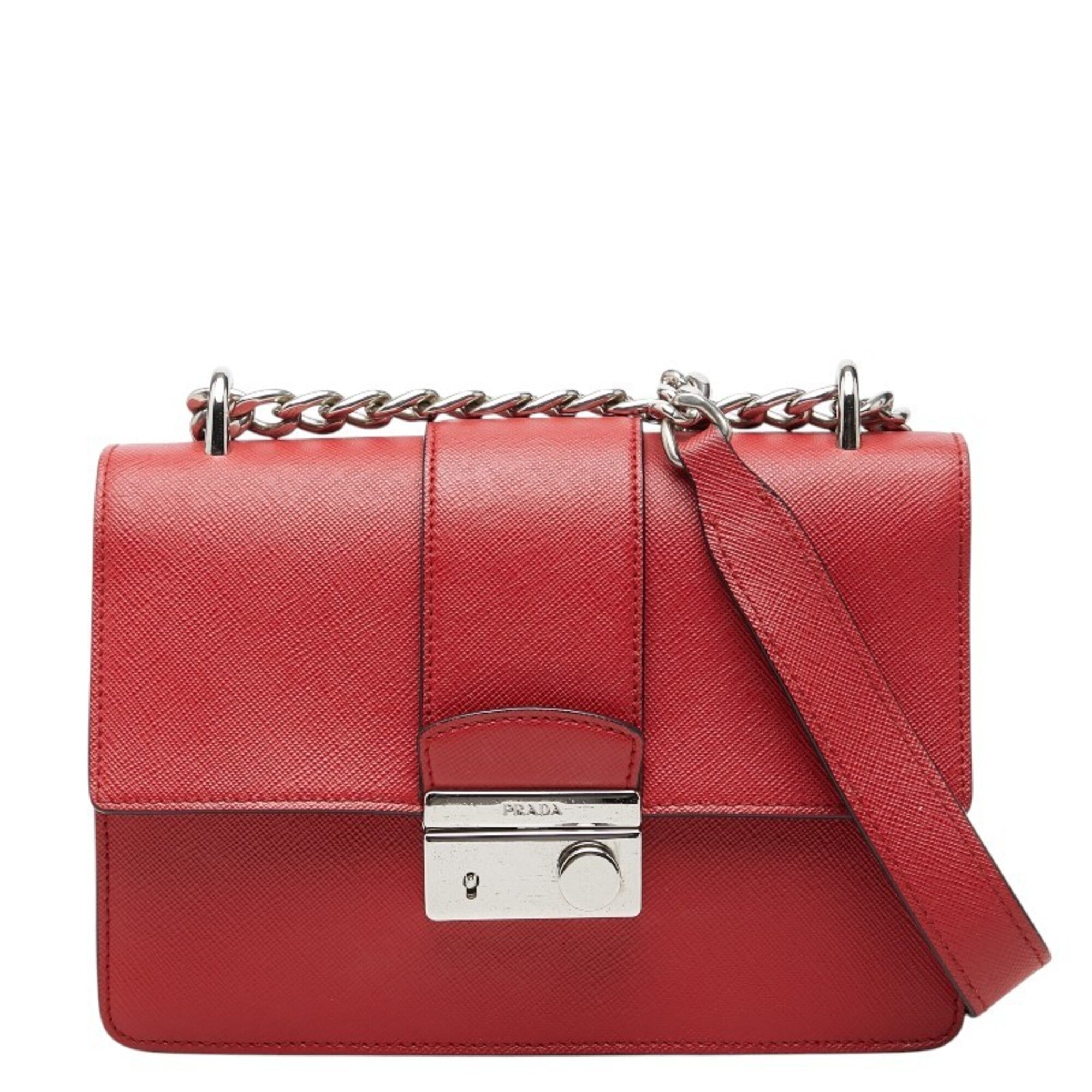 Prada Red Color Saffiano Triangle Leather Shoulder Bag (Pre-Owned)