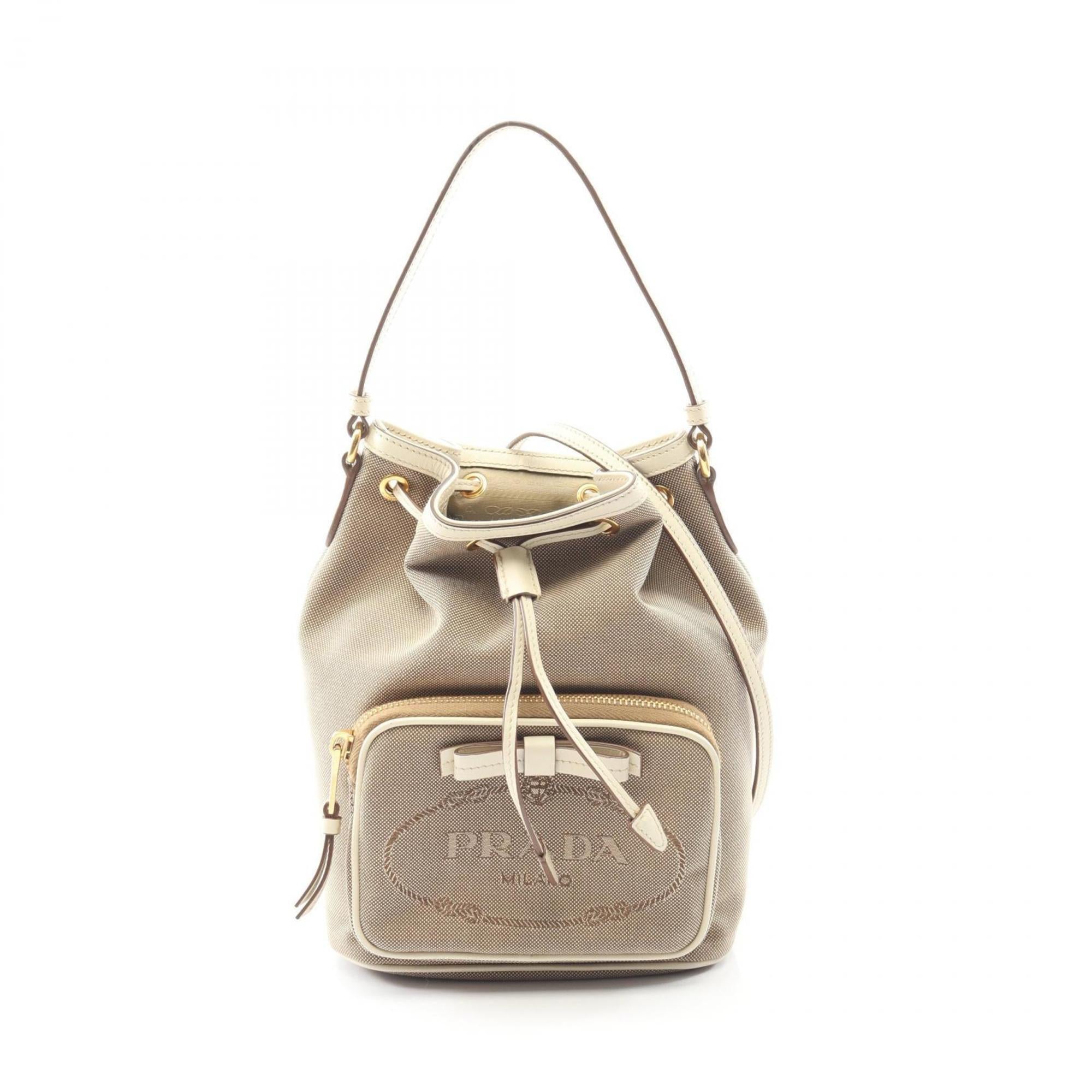 Prada Beige White Canvas Leather Handbag (Pre-Owned)