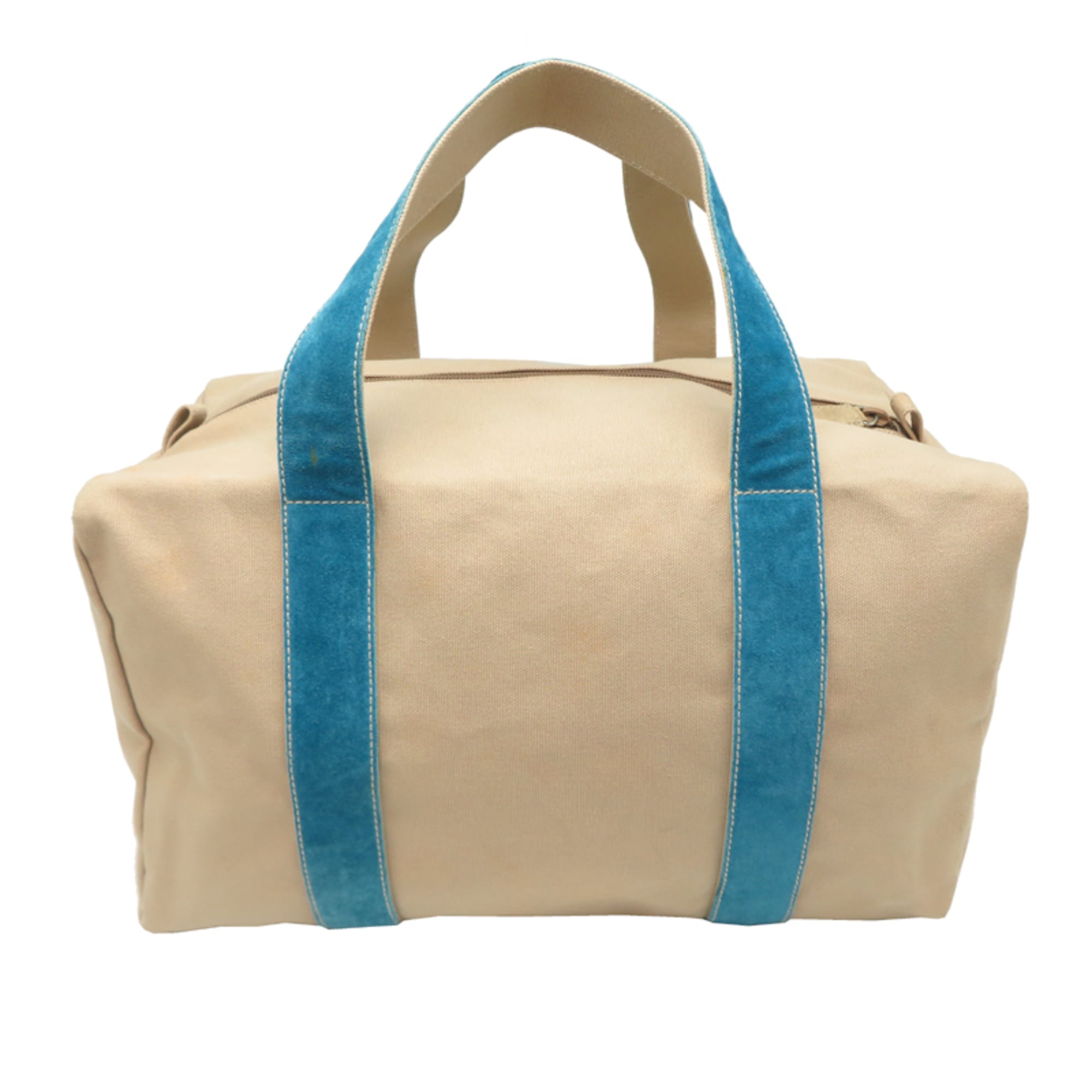 Prada Beige Blue Canvas Leather Tote Bag (Pre-Owned)