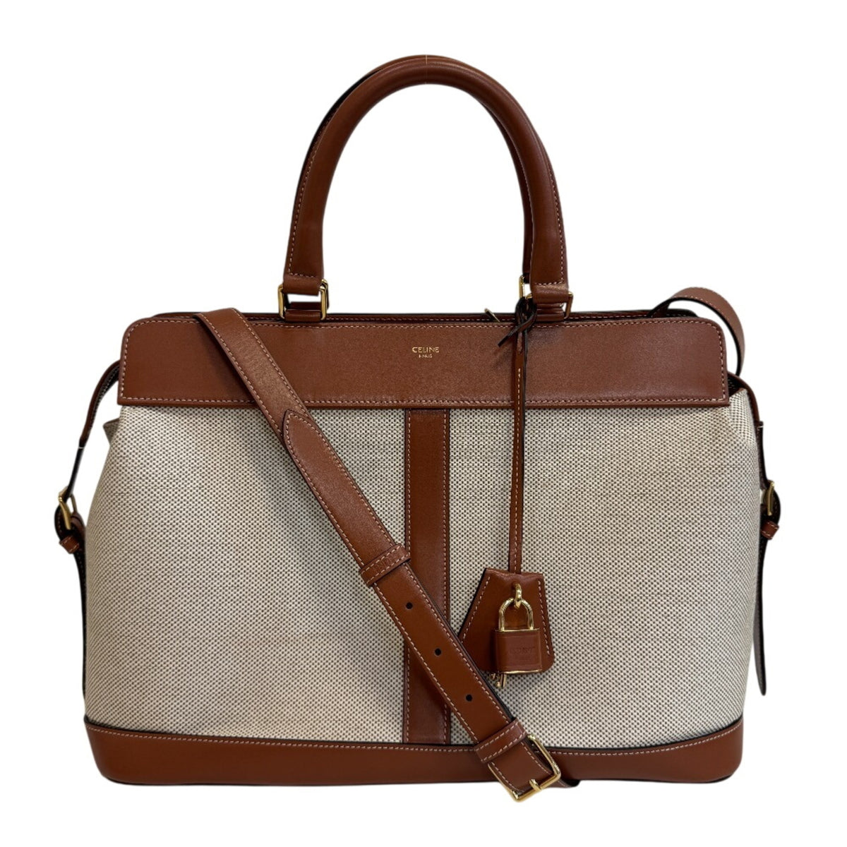 Celine Beige Brown Canvas Leather Shoulder Bag (Pre-Owned)