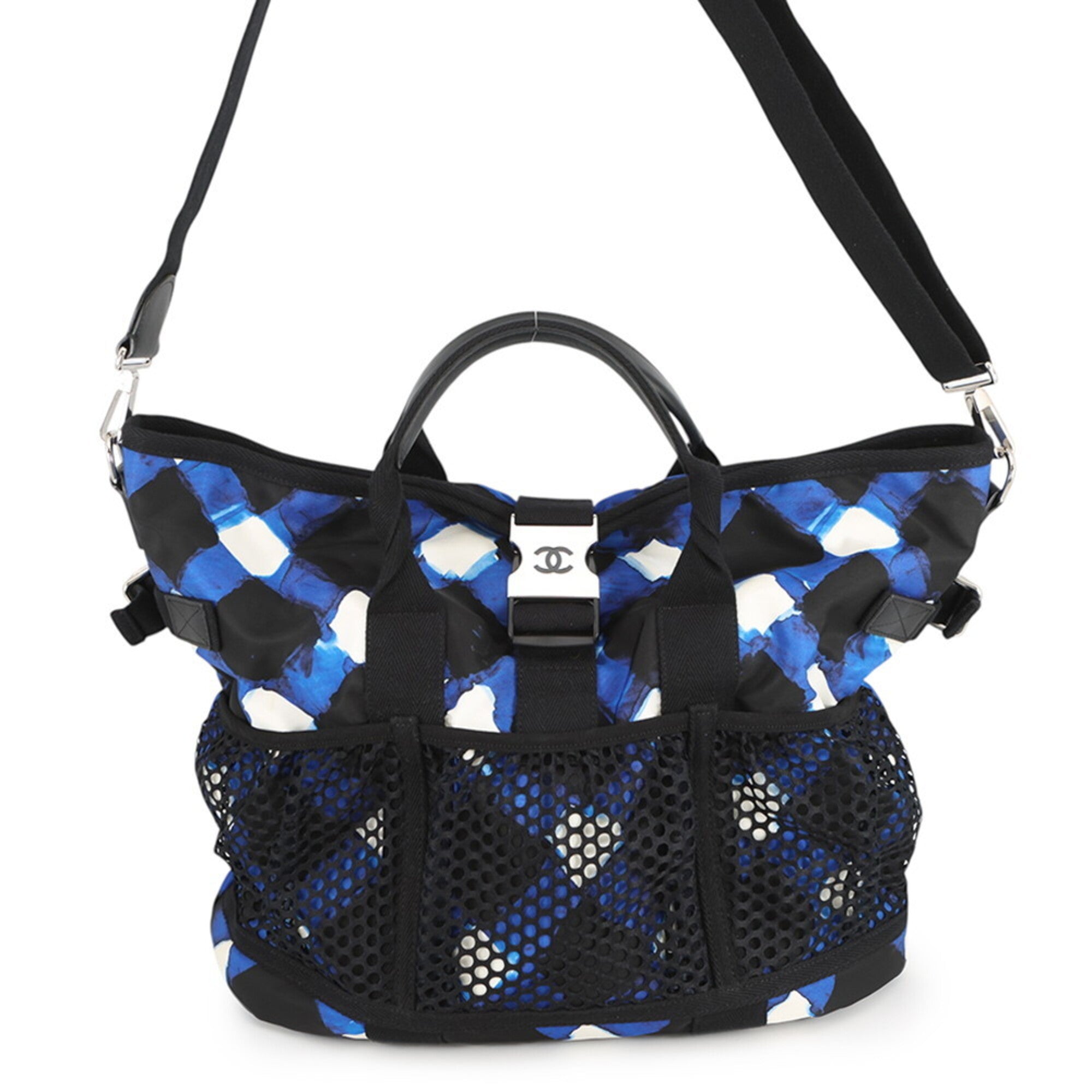 Chanel Black Blue White Nylon Handbag Shoulder Bag Tote Bag (Pre-Owned)