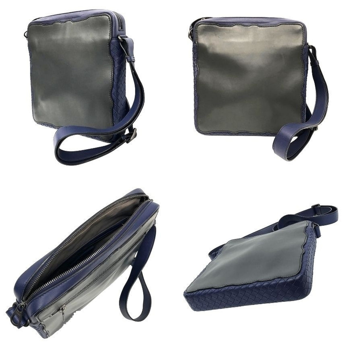 Bottega Veneta Gray Navy Leather Shoulder Bag (Pre-Owned)