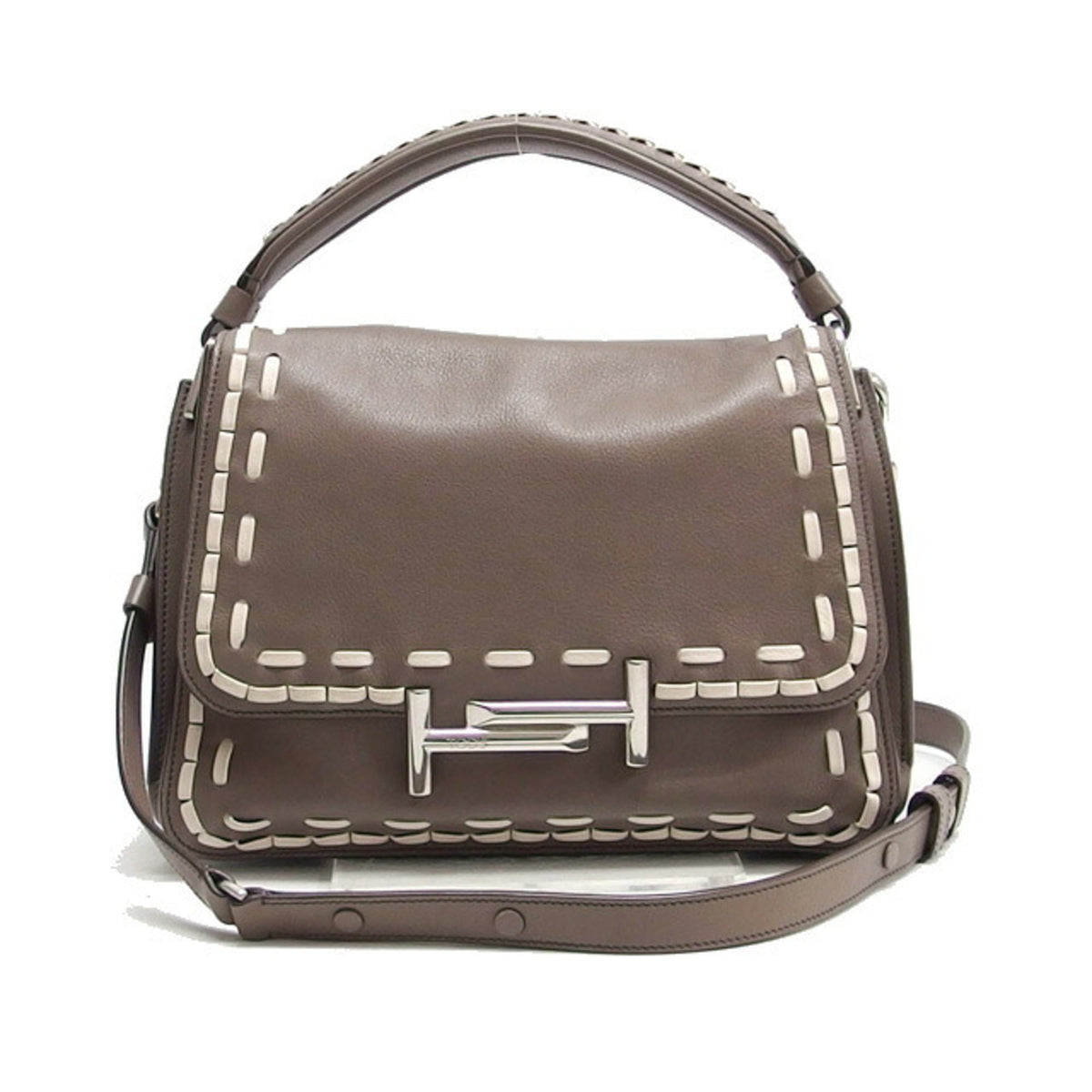 Tod's Gray Beige Grayish Leather Handbag Shoulder Bag (Pre-Owned)