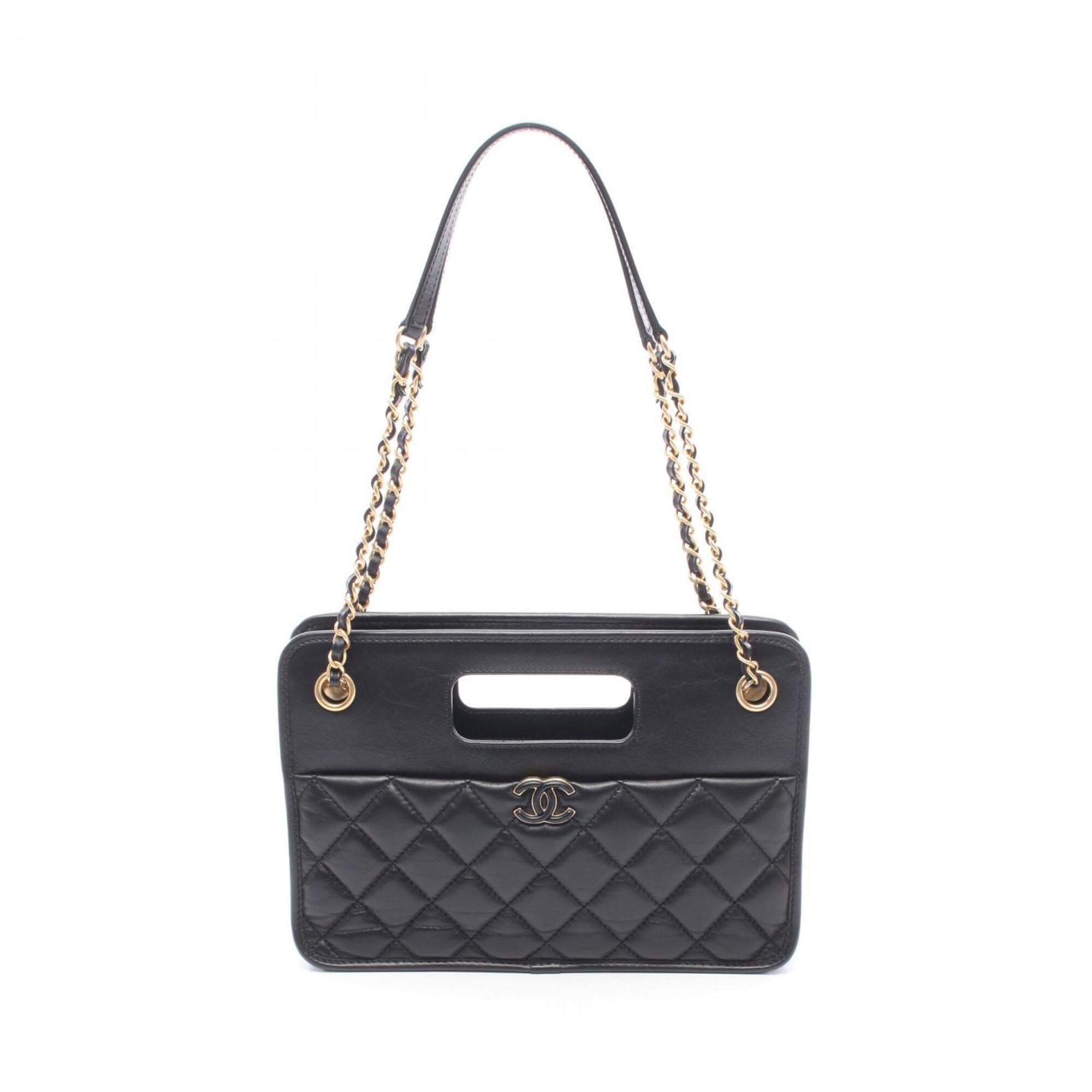 Chanel Black Leather Handbag Shopping Bag Shoulder Bag (Pre-Owned)