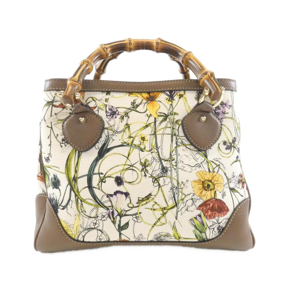 Gucci Brown Multi-Color White Canvas Leather Handbag (Pre-Owned)