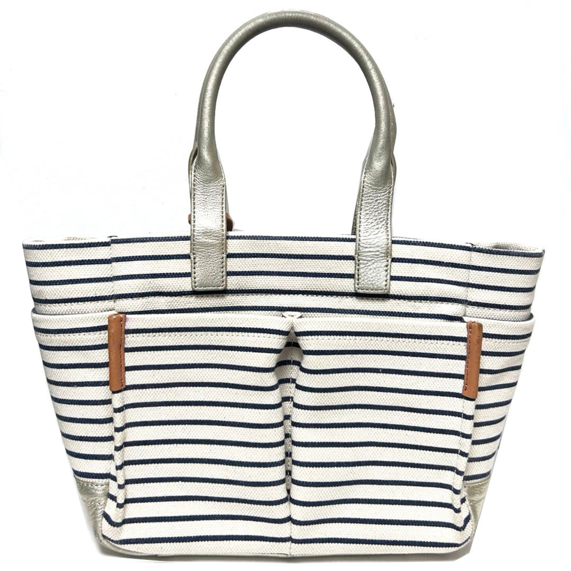 Tory Burch Navy White Canvas Leather Tote Bag (Pre-Owned)