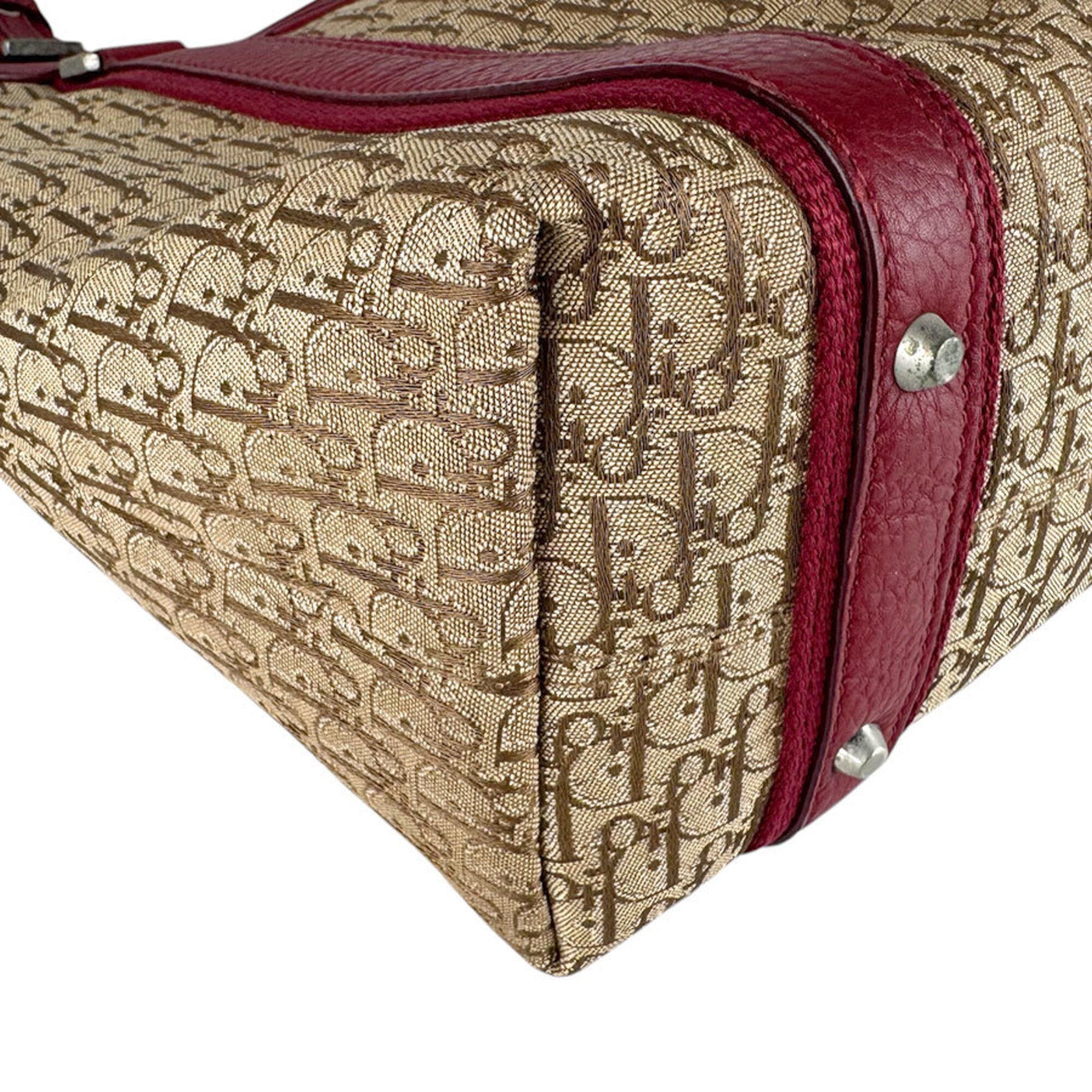 Christian Dior Brown Red Color Leather Canvas Handbag (Pre-Owned)