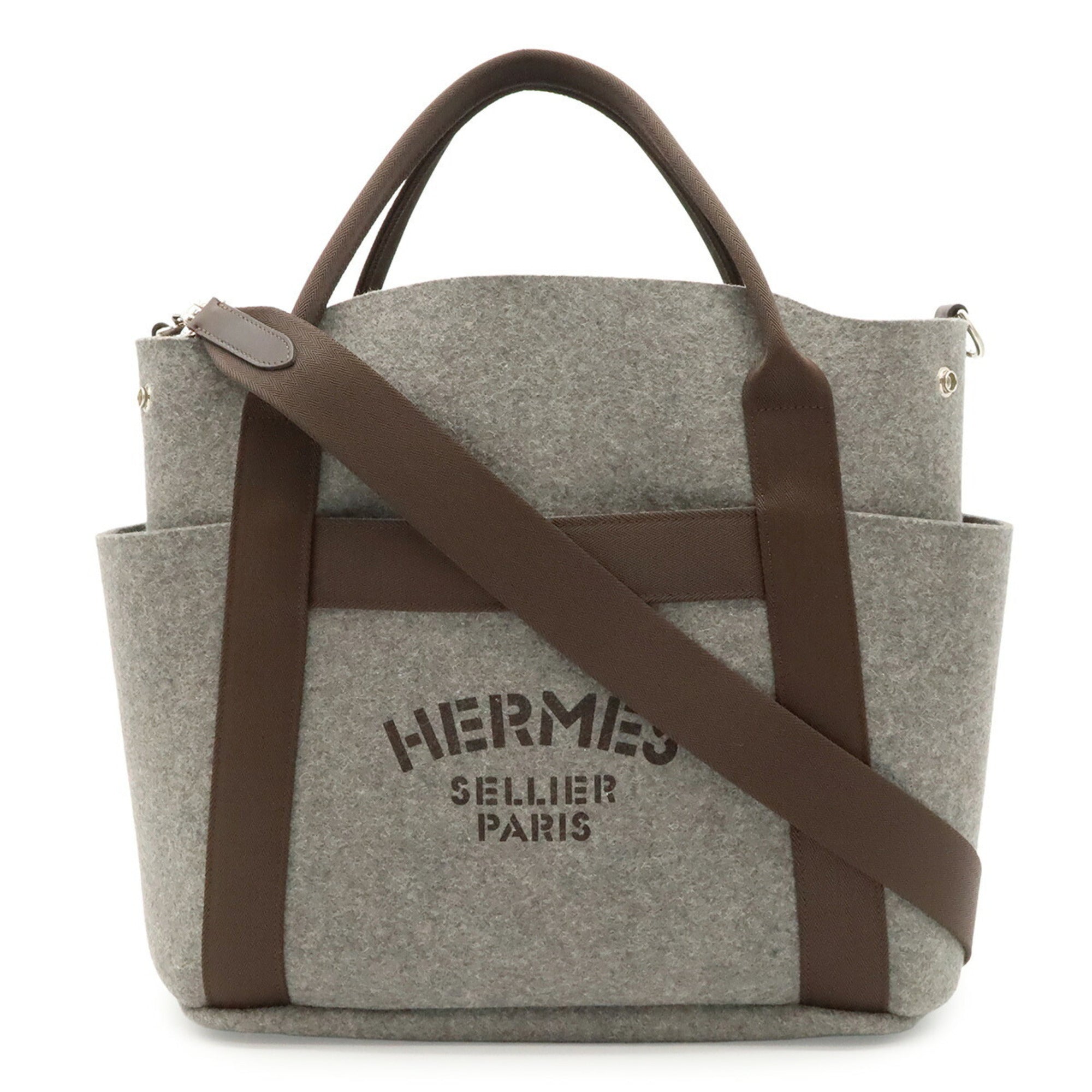 Hermes Dark Brown Gray Felt Shoulder Bag Tote Bag (Pre-Owned)