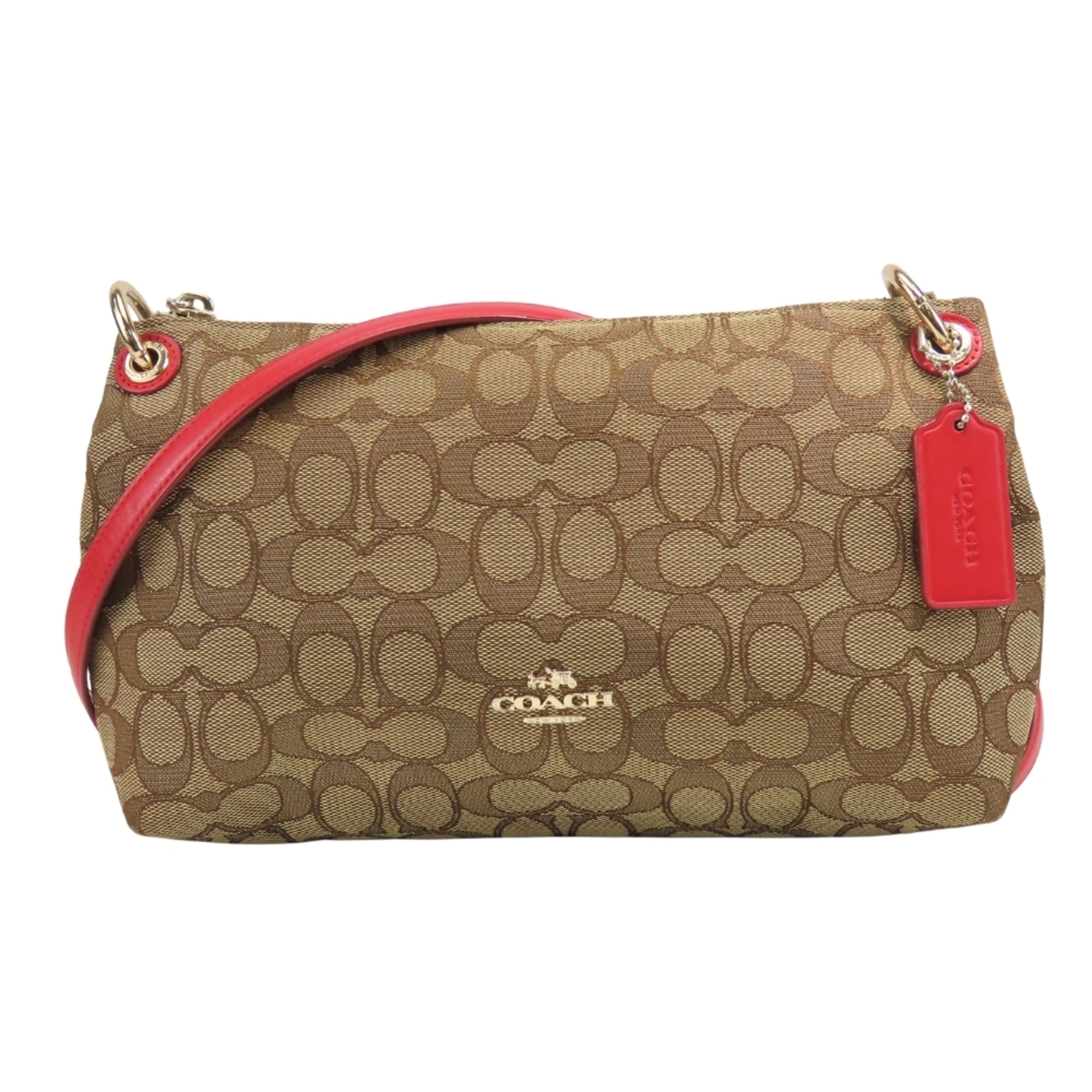 Coach Signature Beige Red Color Canvas Leather Shoulder Bag (Pre-Owned)
