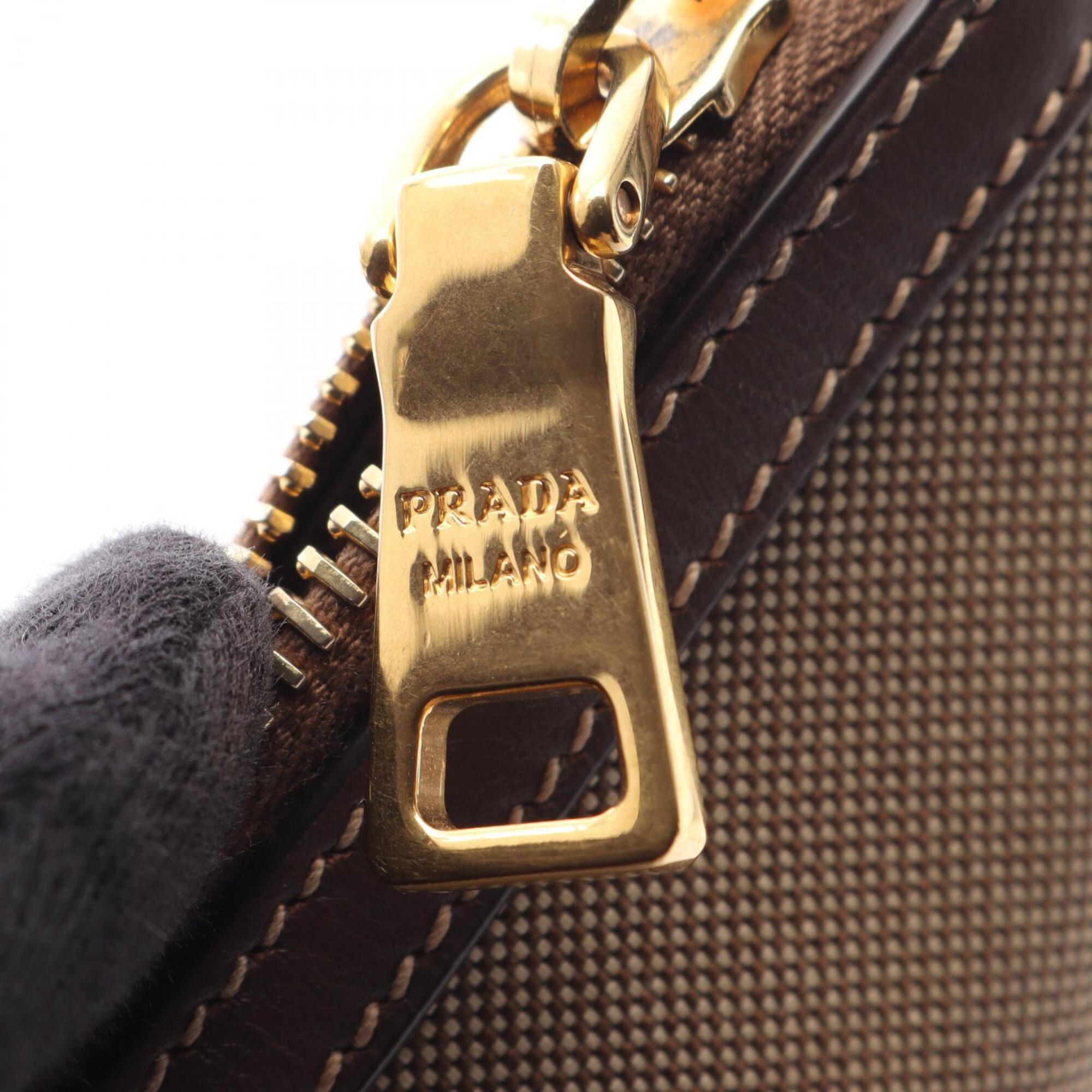 Prada Beige Brown Canvas Leather Handbag Shoulder Bag (Pre-Owned)