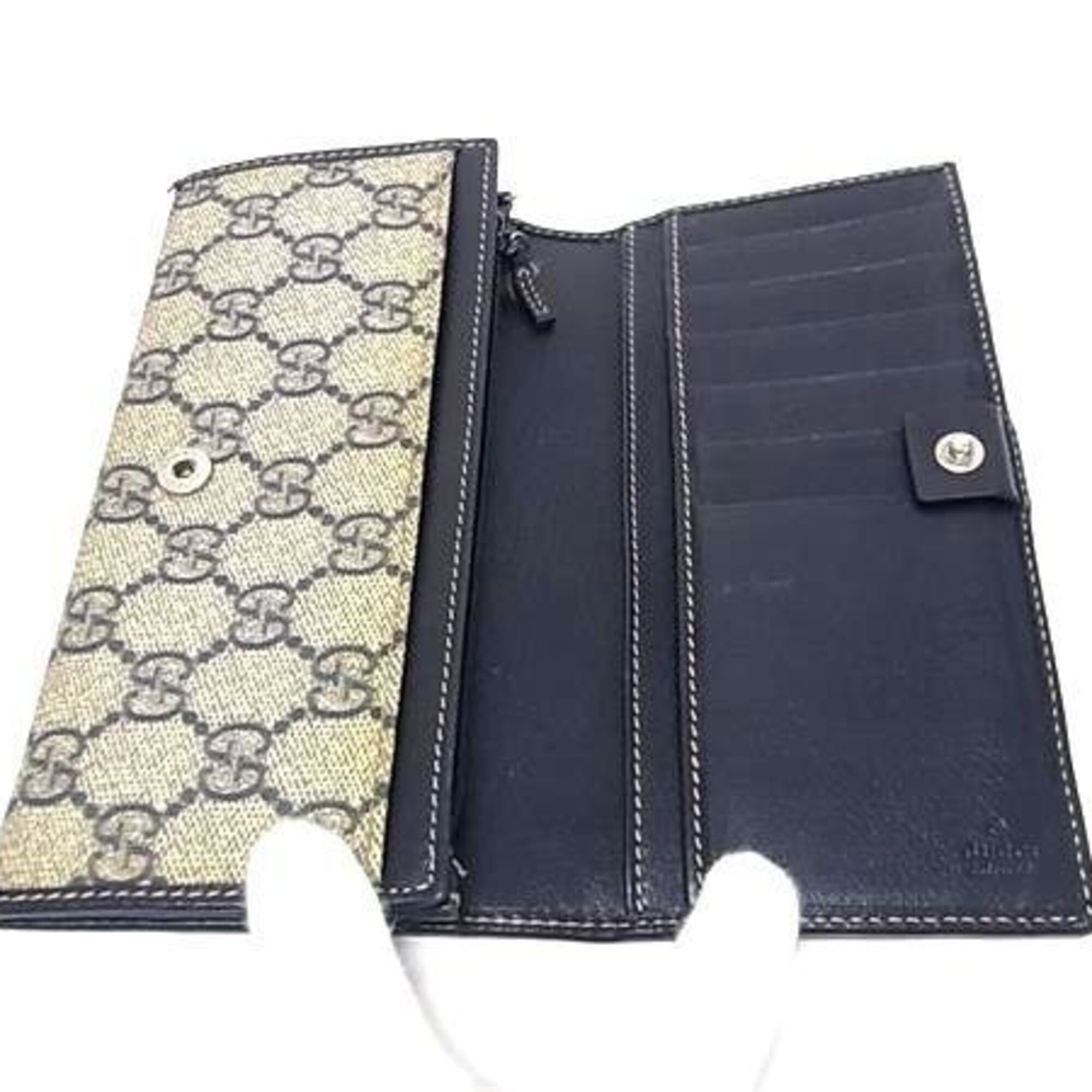 Gucci Brown Navy Gg Supreme Leather Long Wallet (Bi-Fold) (Pre-Owned)