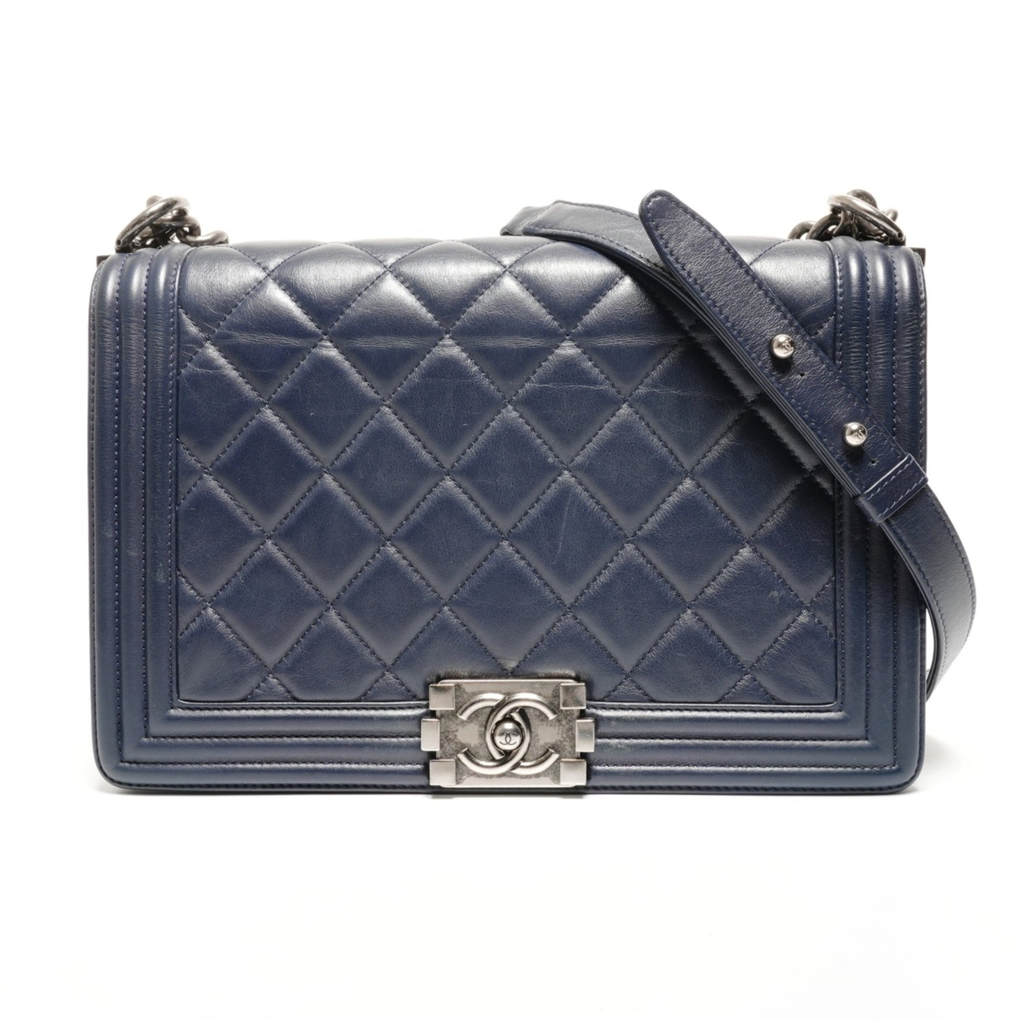 Chanel Boy Chanel Navy Leather Shoulder Bag (Pre-Owned)