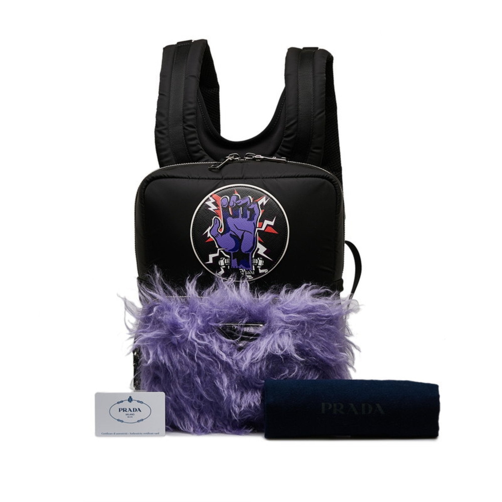 Prada Black Purple Nylon Fur Backpack (Pre-Owned)