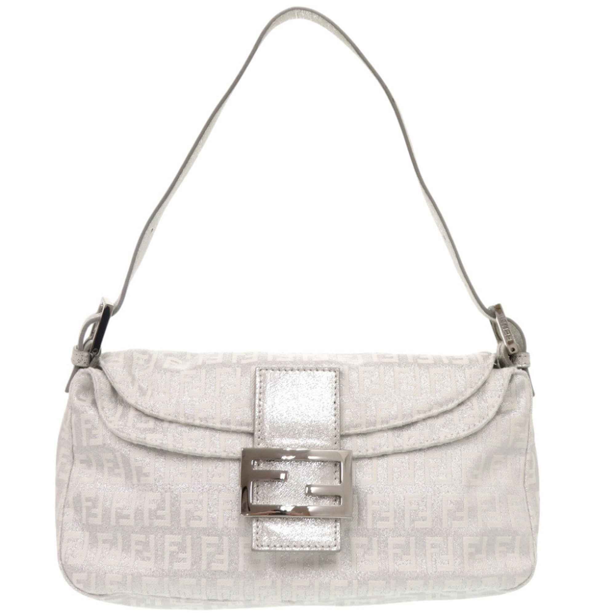 Fendi Silver Canvas Leather Handbag Shoulder Bag (Pre-Owned)