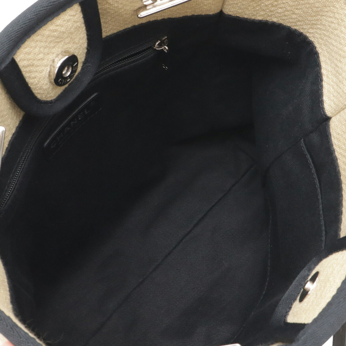 Chanel Beige Black Canvas Shoulder Bag Tote Bag (Pre-Owned)