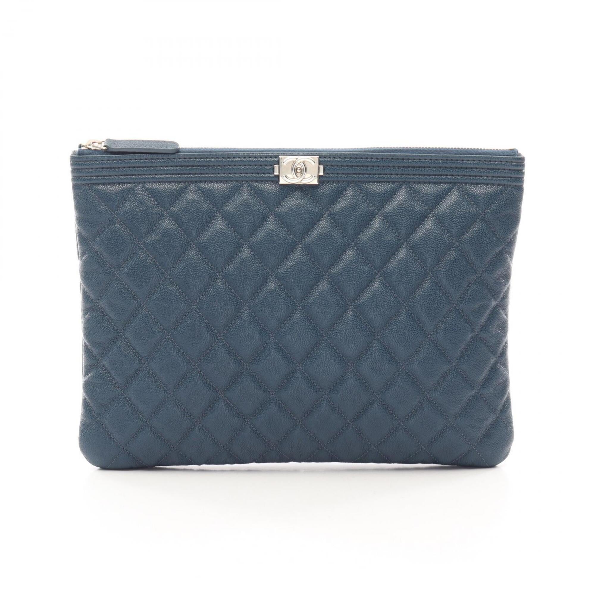 Chanel Navy Grained Calfskin Clutch Bag Handbag (Pre-Owned)