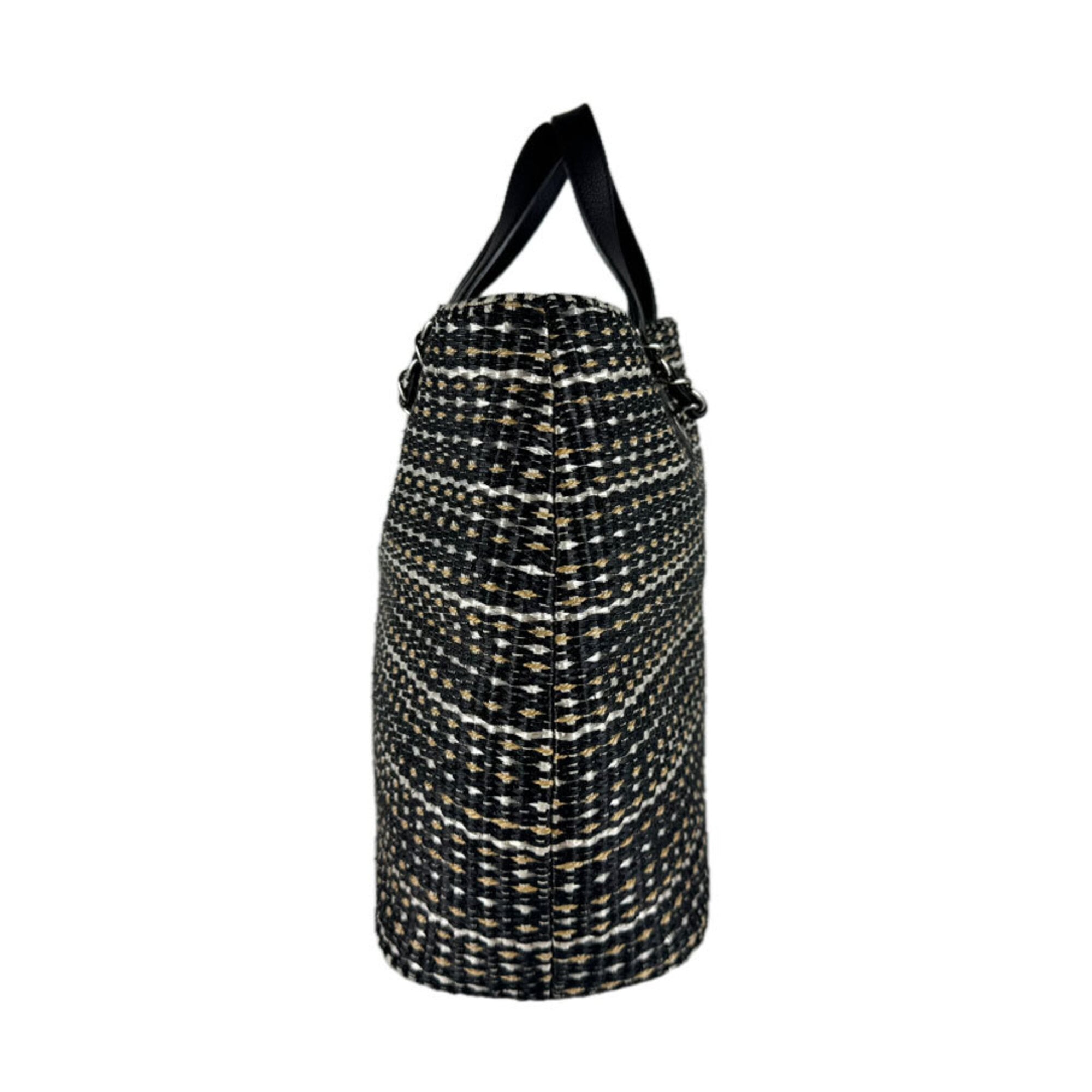 Chanel Beige Black White Raffia Handbag Shoulder Bag (Pre-Owned)