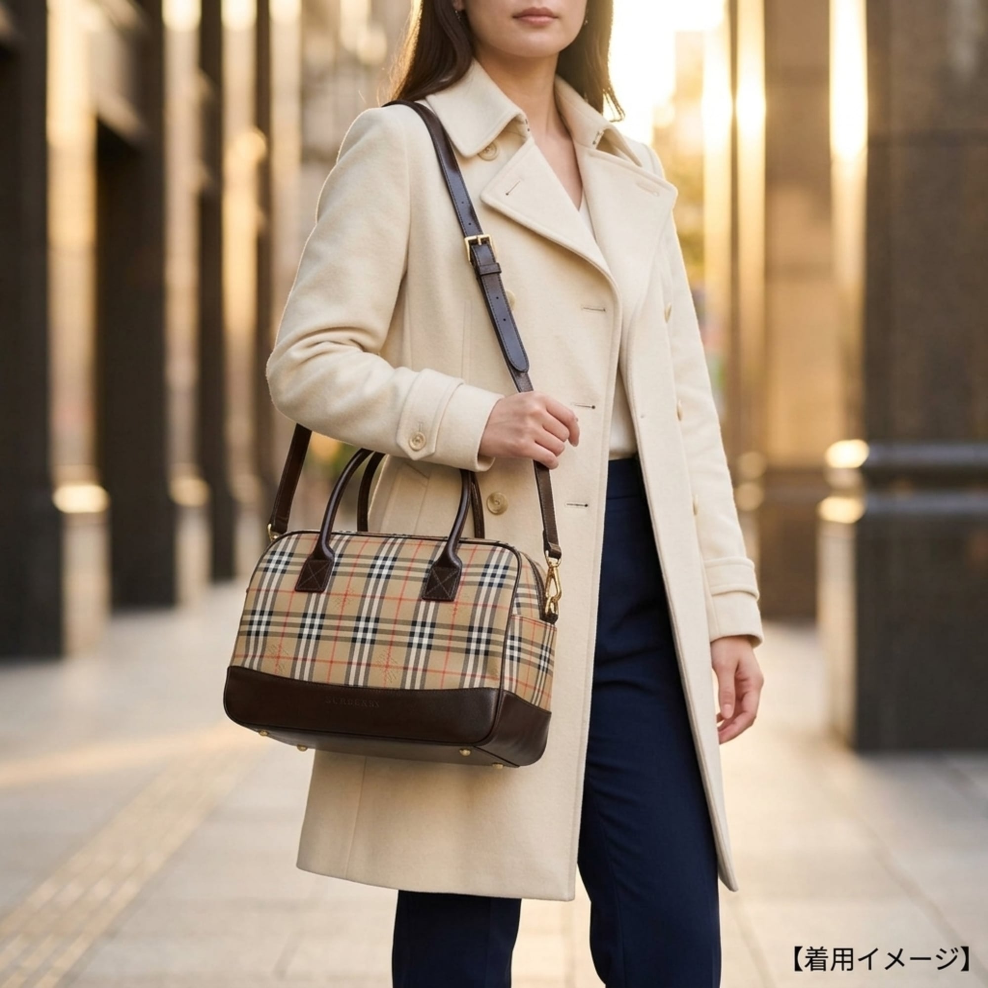 Burberry Beige Brown Canvas Leather Boston Bag Shoulder Bag (Pre-Owned)