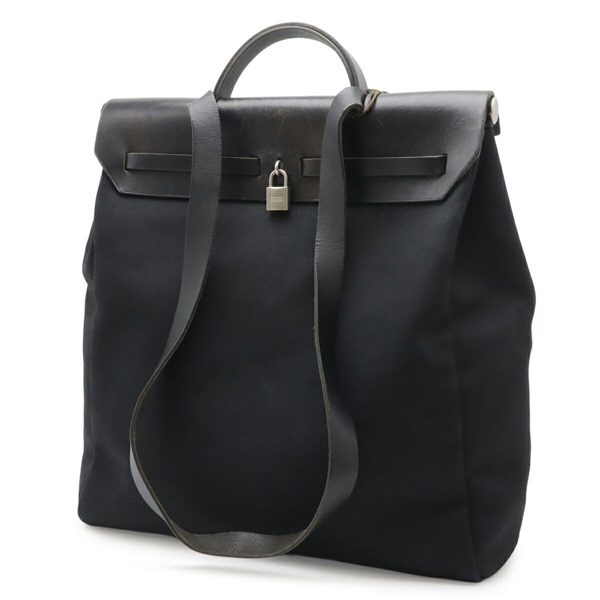Hermes Her Bag Black Toile Officier Leather Handbag Shoulder Bag (Pre-Owned)