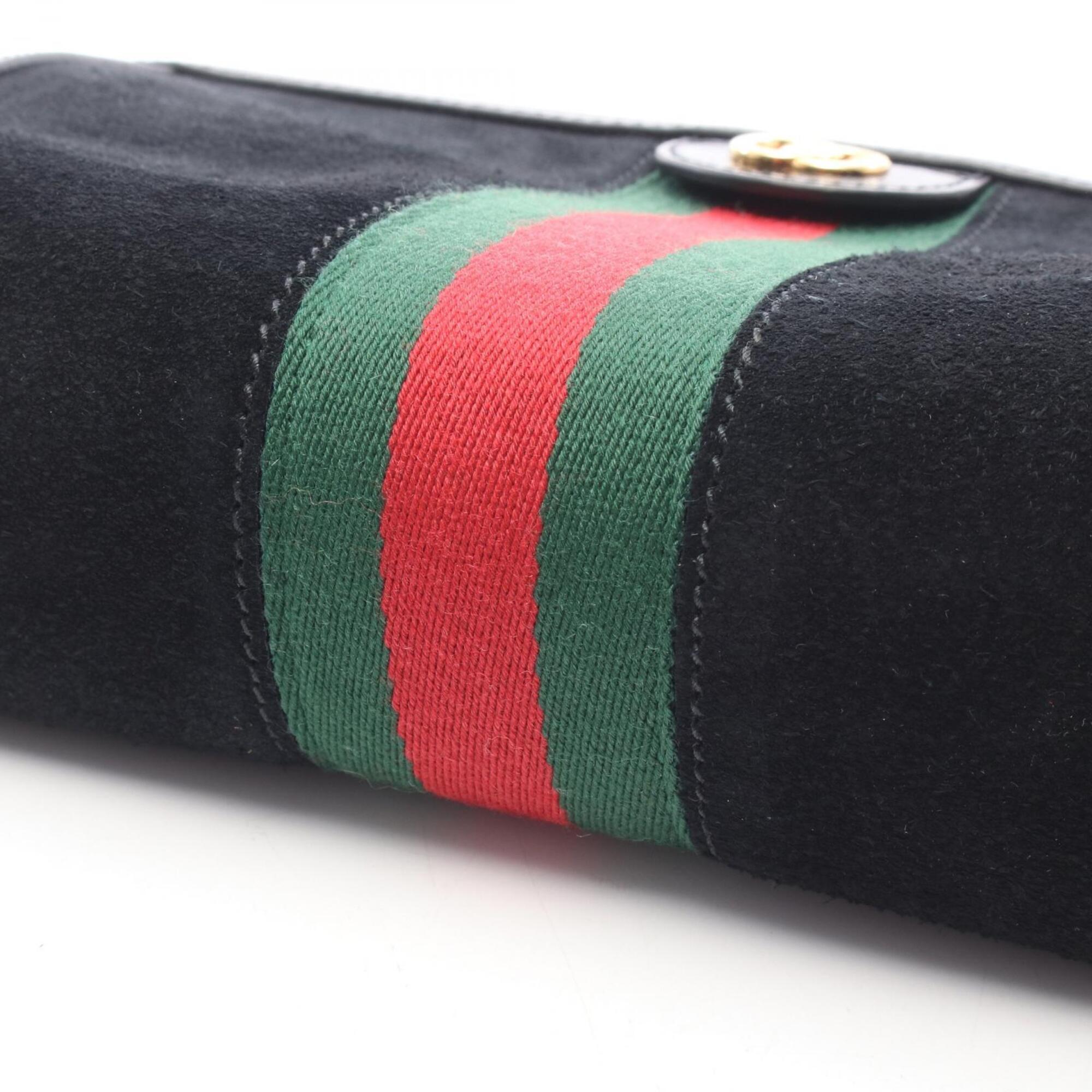 Gucci Black Green Red Color Suede Leather Handbag Shoulder Bag (Pre-Owned)