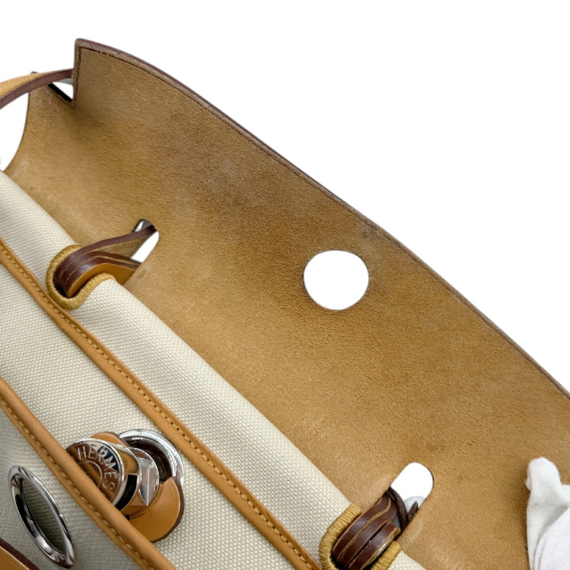 Hermes Natural Toile Officier Leather Shoulder Bag (Pre-Owned)