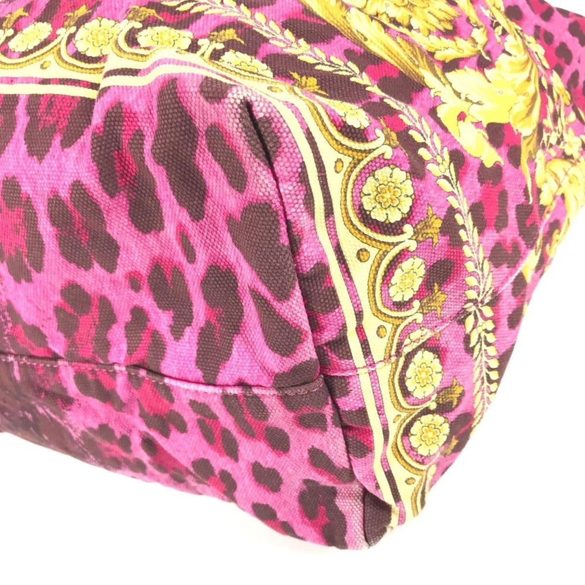 Versace Pink Yellow Leather Canvas Shoulder Bag Tote Bag (Pre-Owned)