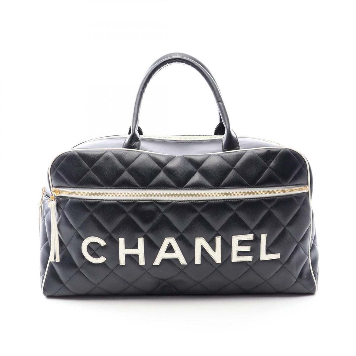 Chanel Black White Leather Boston Bag Handbag (Pre-Owned)