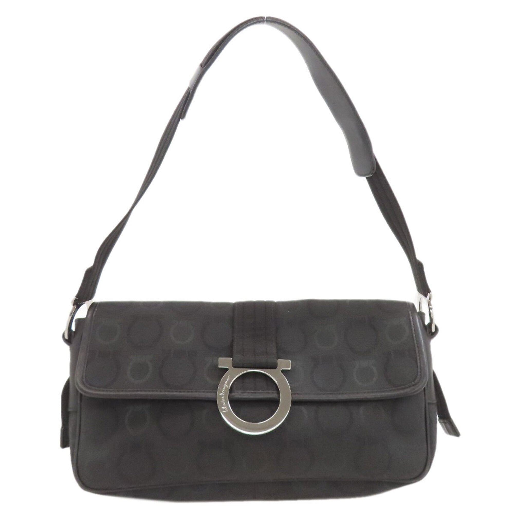 Salvatore Ferragamo Gancini Black Canvas Shoulder Bag (Pre-Owned)