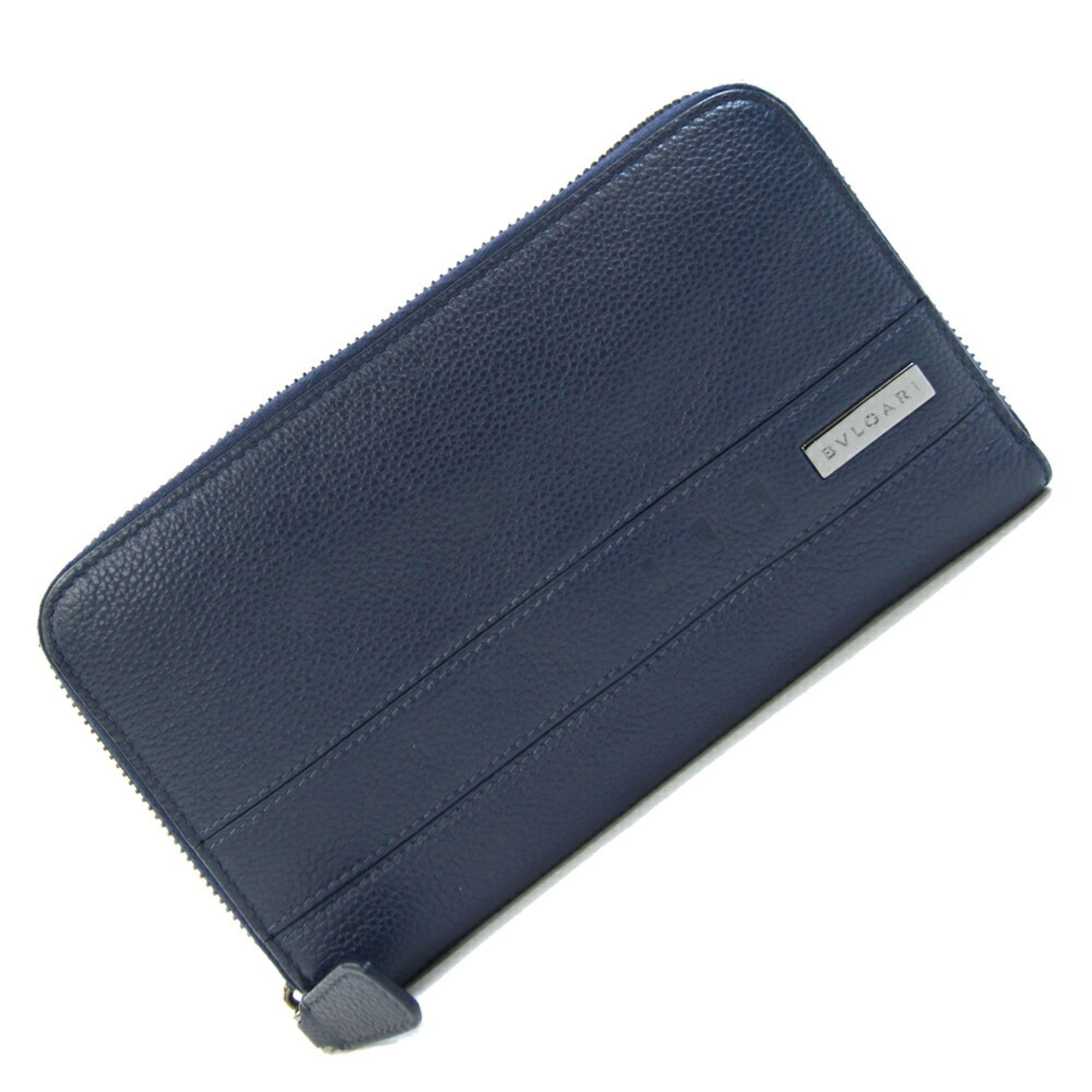 Bvlgari Navy Leather Long Wallet (Bi-Fold) (Pre-Owned)