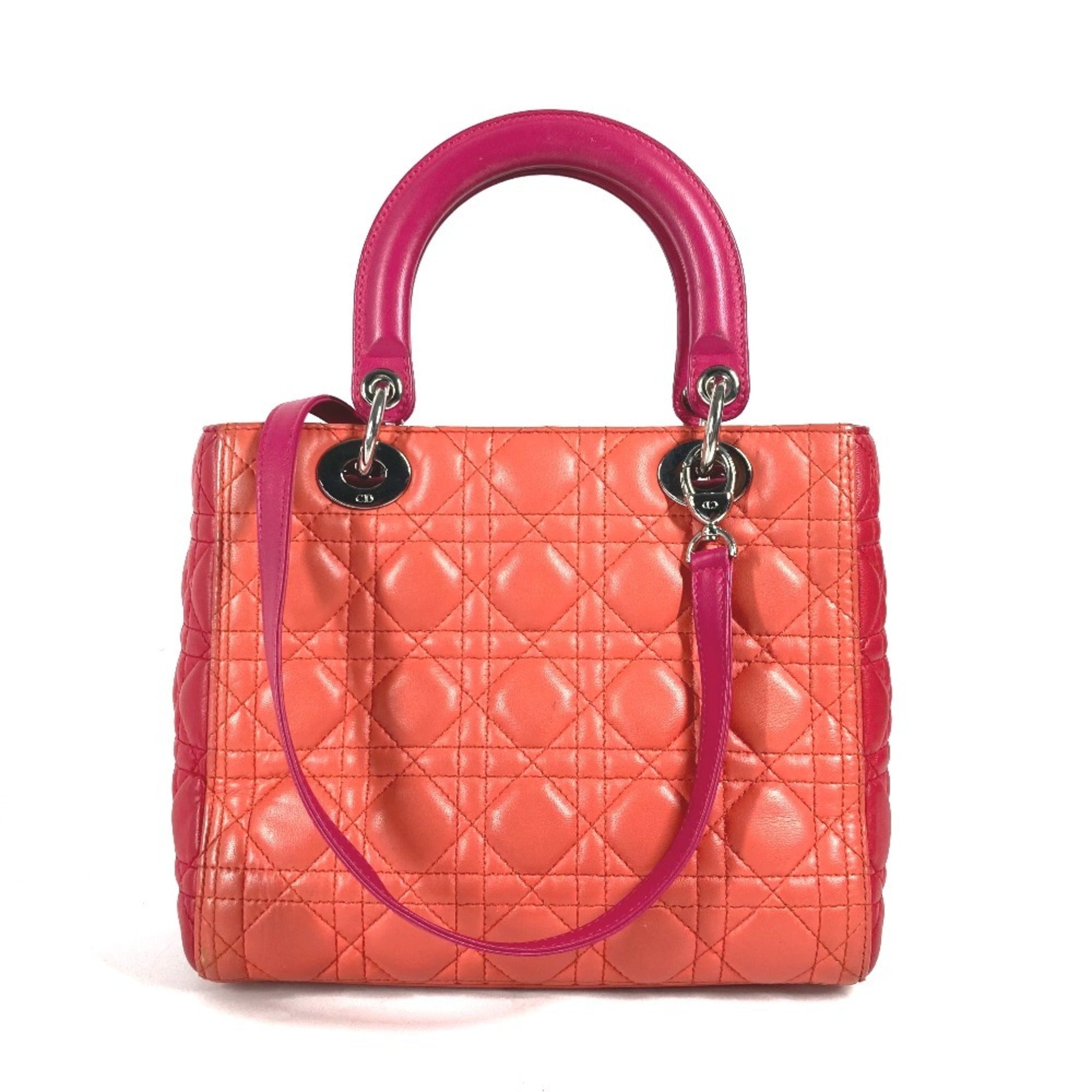 Christian Dior Lady Dior Orange Pink Red Color Leather Handbag Shoulder Bag Tote Bag (Pre-Owned)