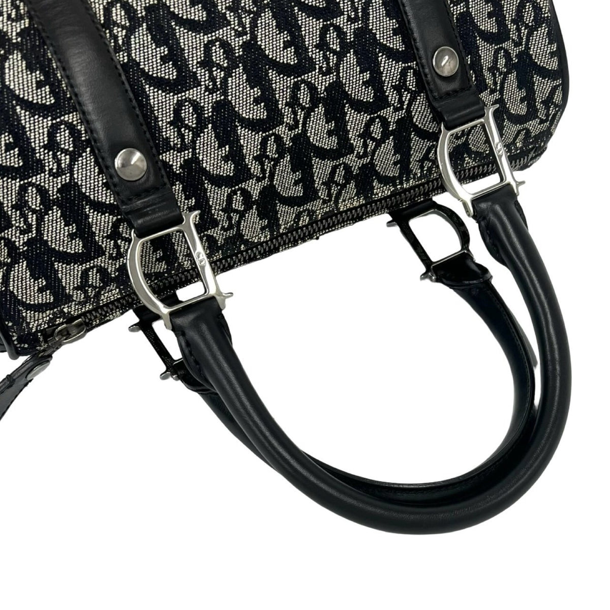 Christian Dior Black Navy Canvas Leather Boston Bag Handbag (Pre-Owned)