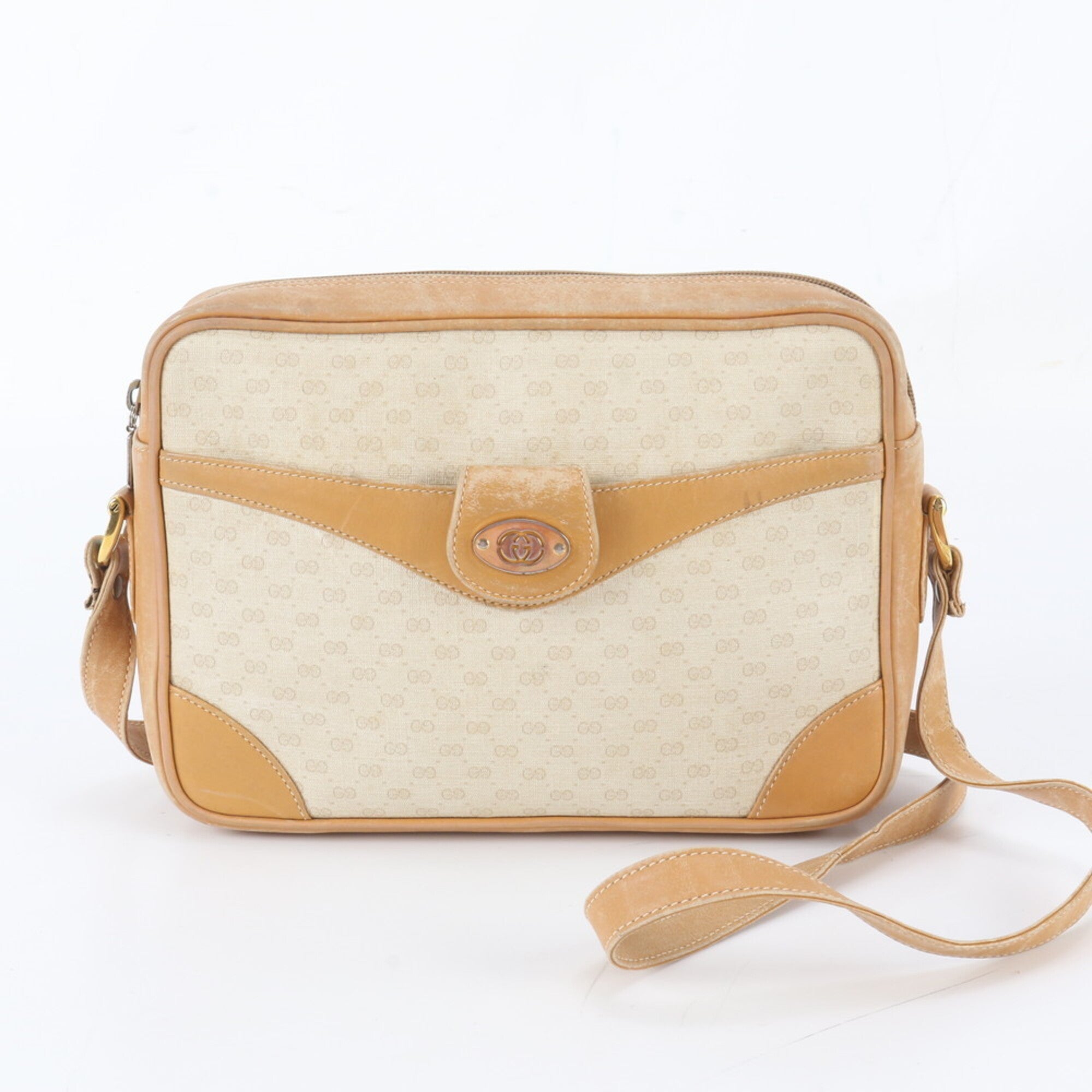 Gucci Beige Brown Leather Coated Canvas Crossbody Bag Shoulder Bag (Pre-Owned)