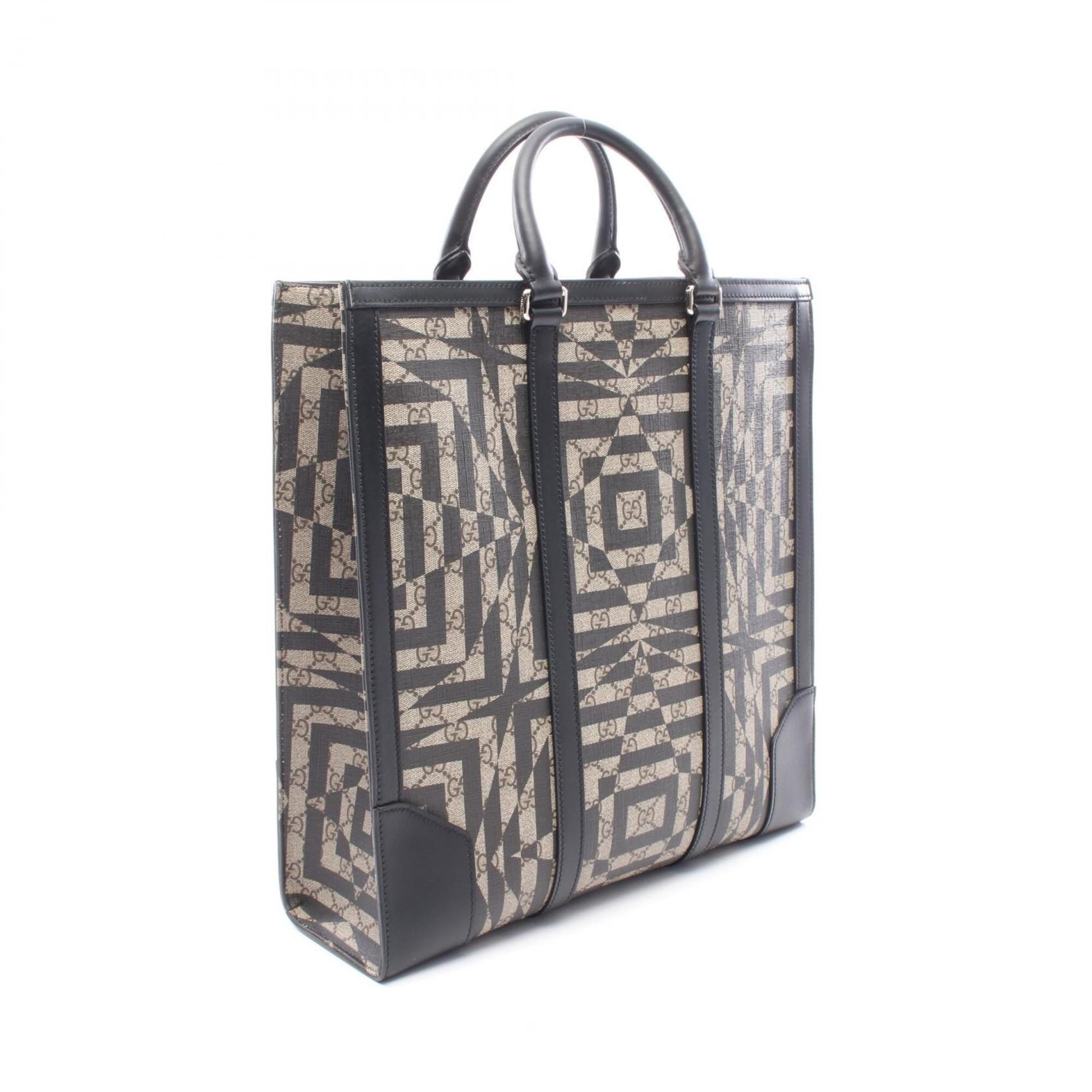 Gucci Beige Black Brown Coated Canvas Leather Handbag Tote Bag (Pre-Owned)