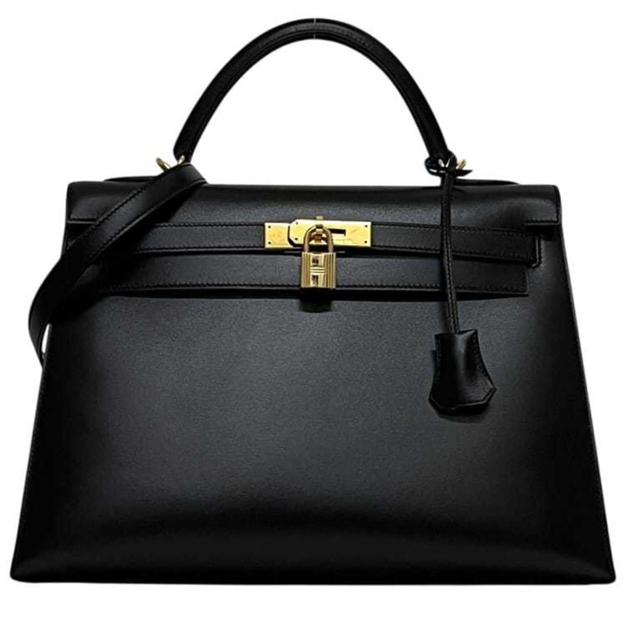 Hermes Kelly Black Box Calf Leather Handbag Shoulder Bag (Pre-Owned)