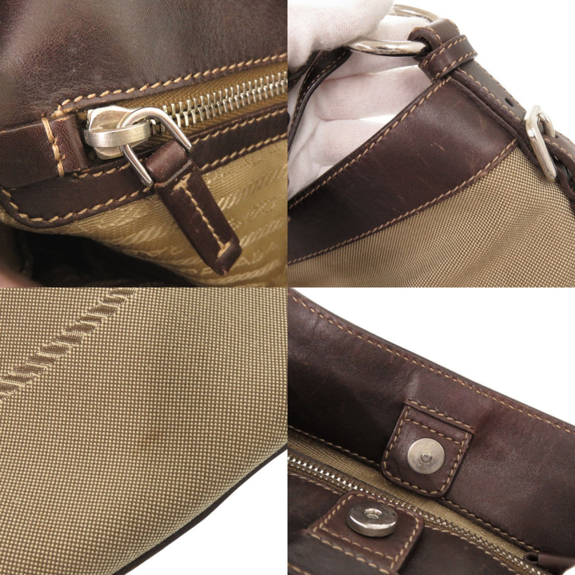 Prada Beige Brown Canvas Leather Shoulder Bag (Pre-Owned)