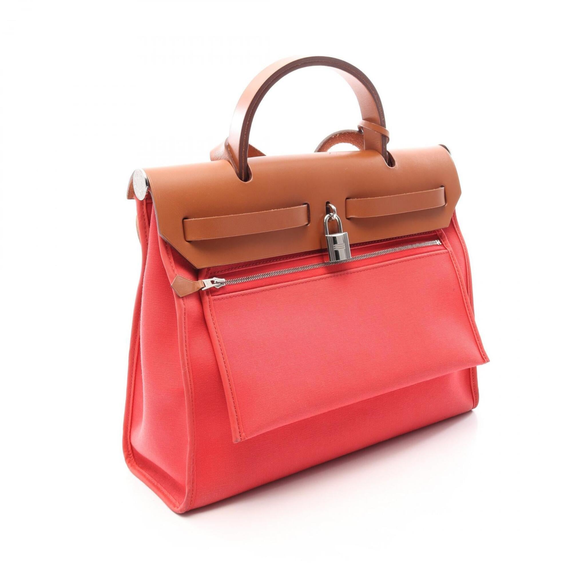 Hermes Brown Red Color Rose Jaipur Canvas Leather Handbag (Pre-Owned)