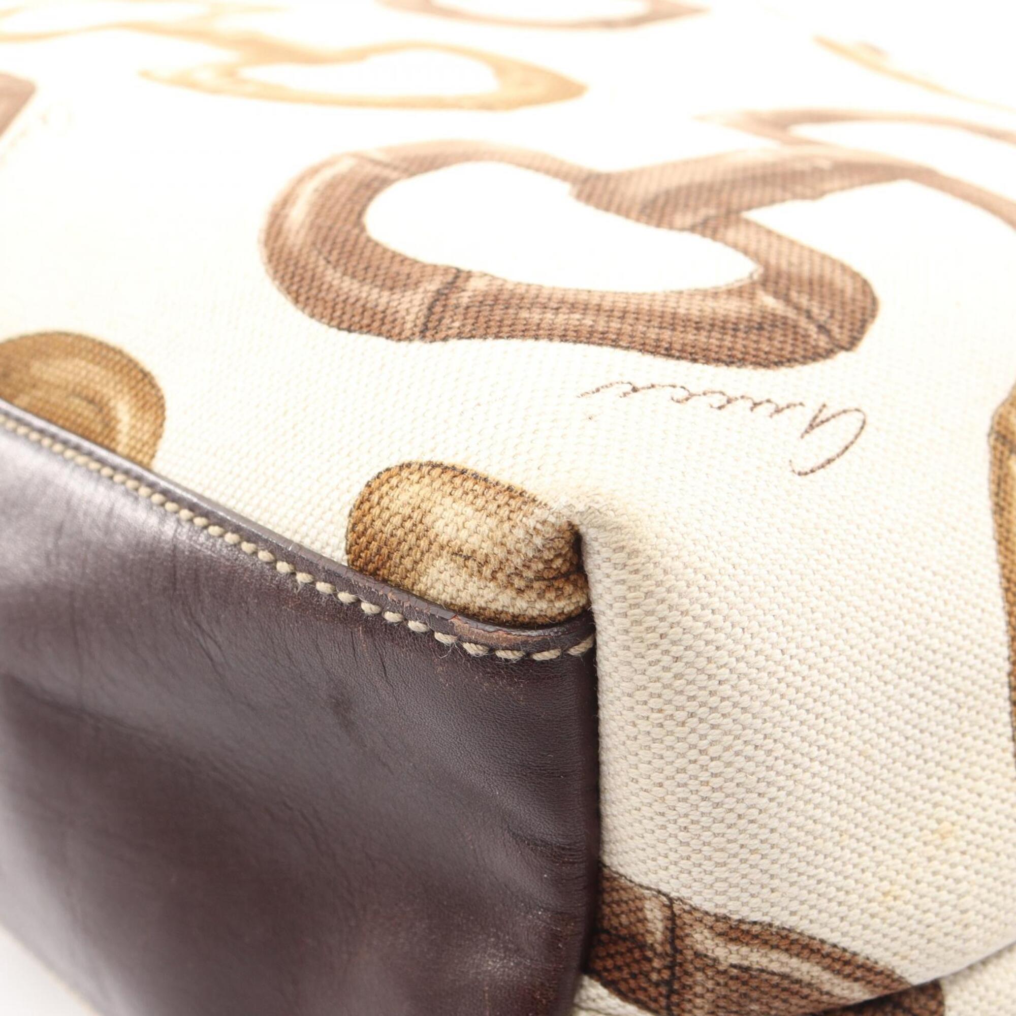 Gucci Brown White Canvas Leather Handbag Tote Bag (Pre-Owned)