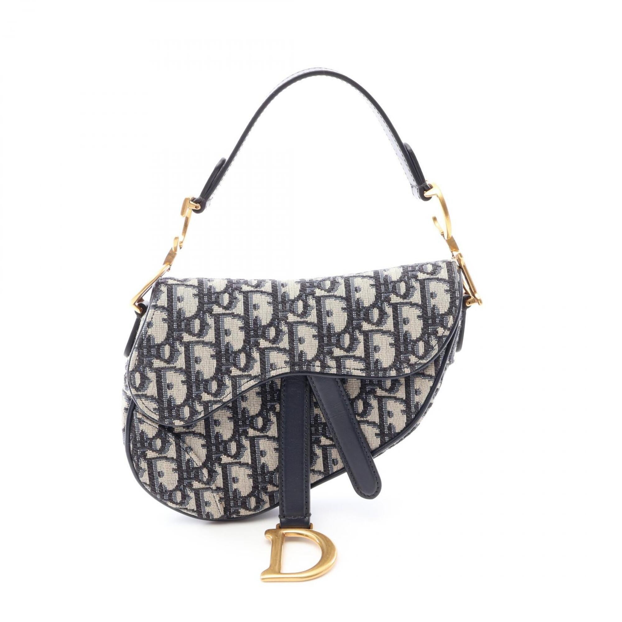 Christian Dior Beige Navy Canvas Leather Handbag Saddle Bag (Pre-Owned)