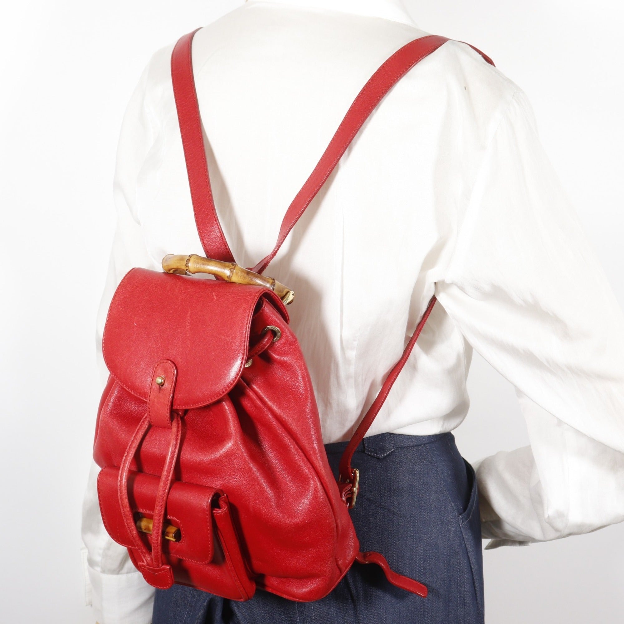 Gucci Bamboo Red Color Leather Backpack (Pre-Owned)
