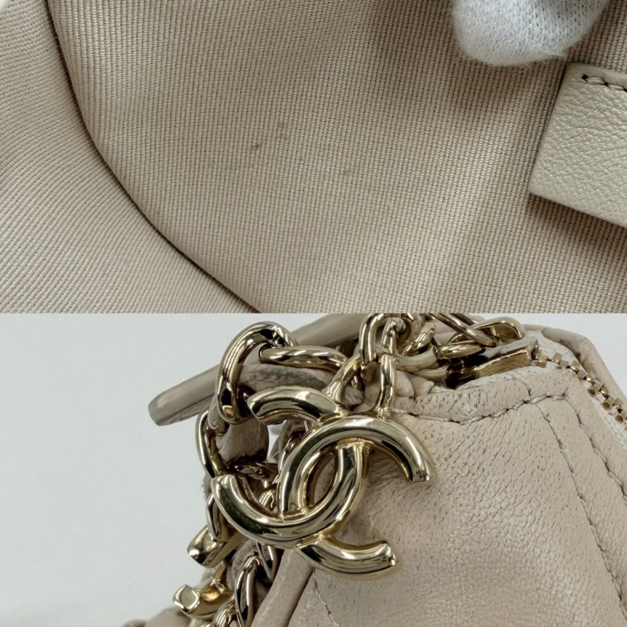 Chanel Beige Beige Gold White Leather Pochette Shoulder Bag (Pre-Owned)