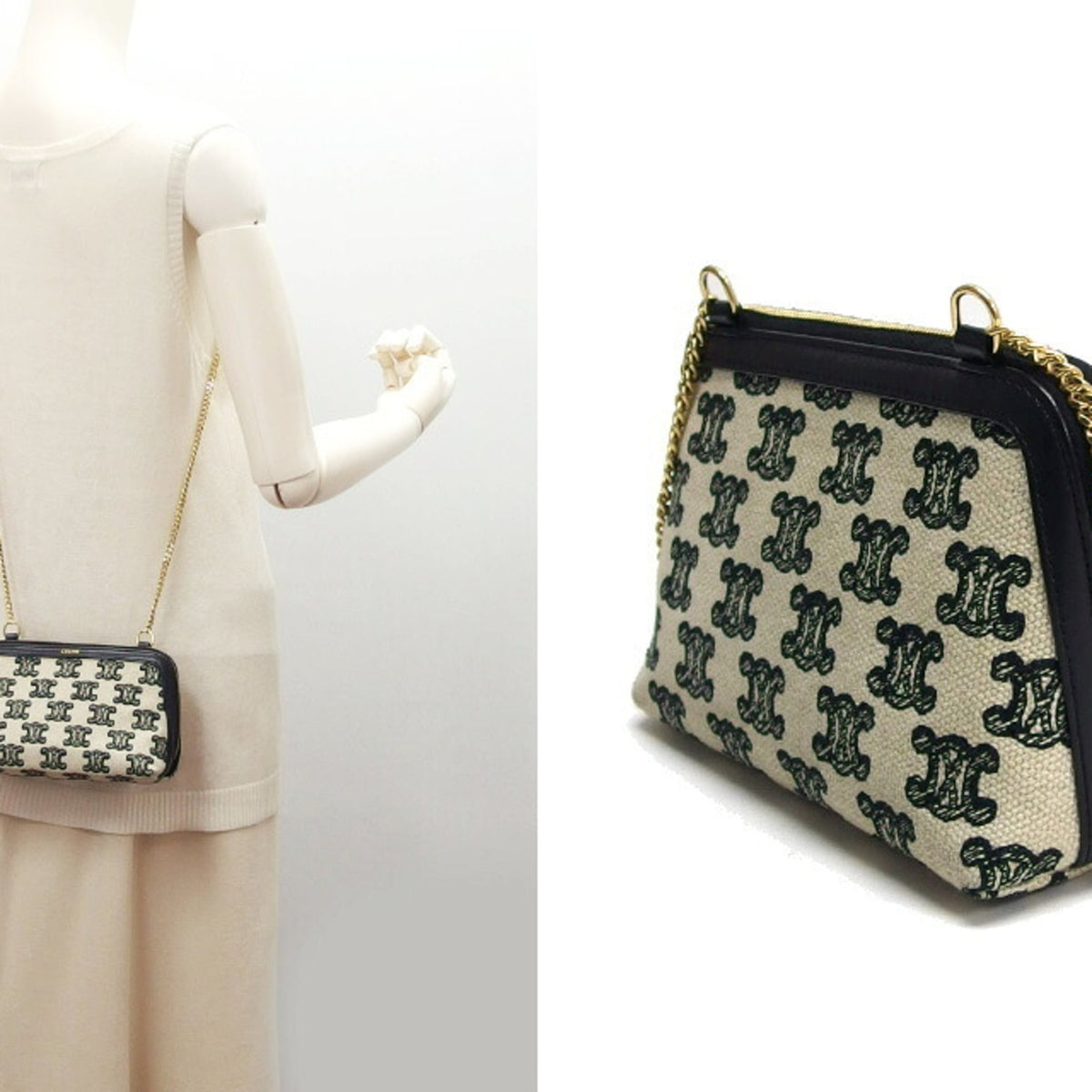 Celine Black Ivory White Canvas Leather Shoulder Bag (Pre-Owned)