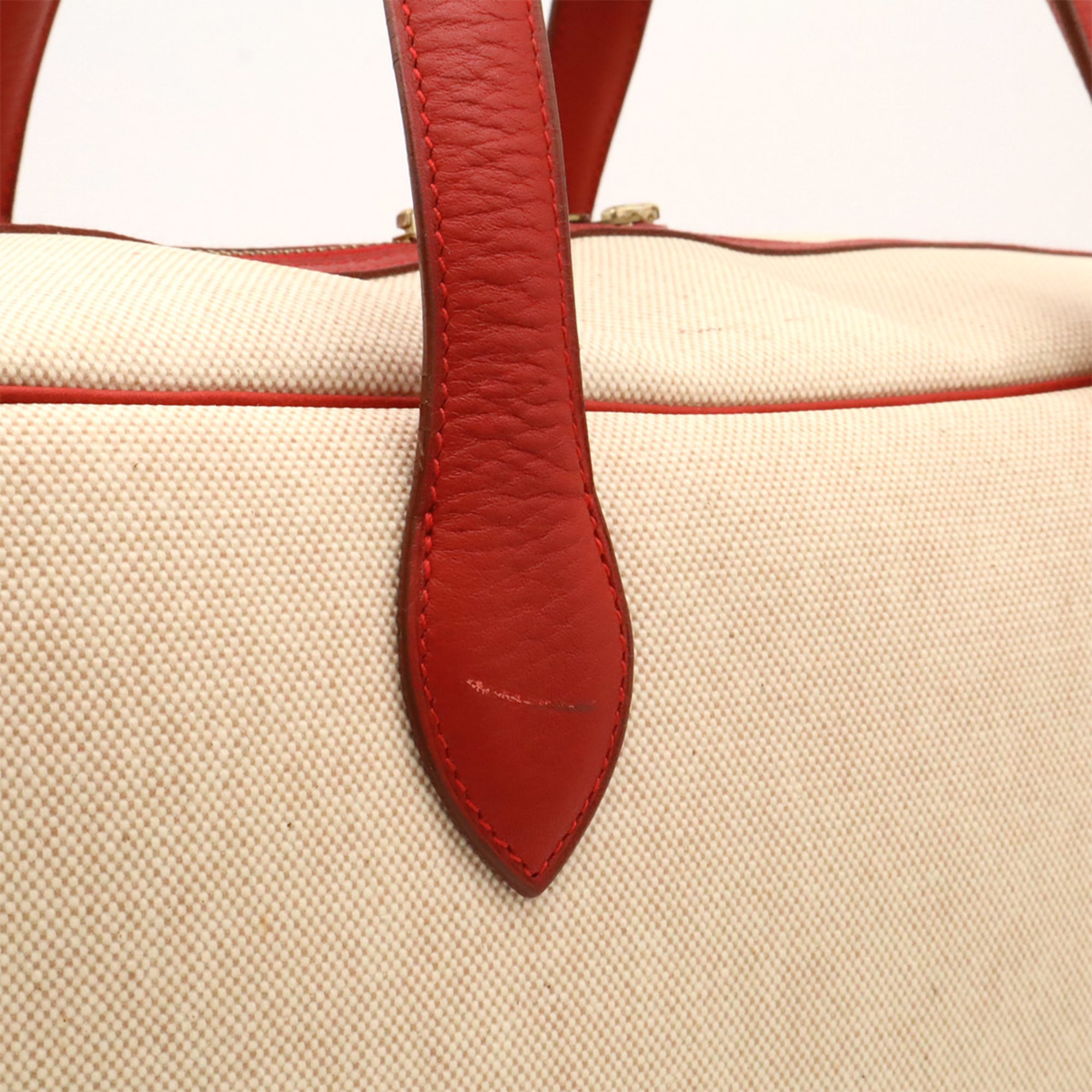 Hermes Beige Red Color Toile H Leather Boston Bag (Pre-Owned)