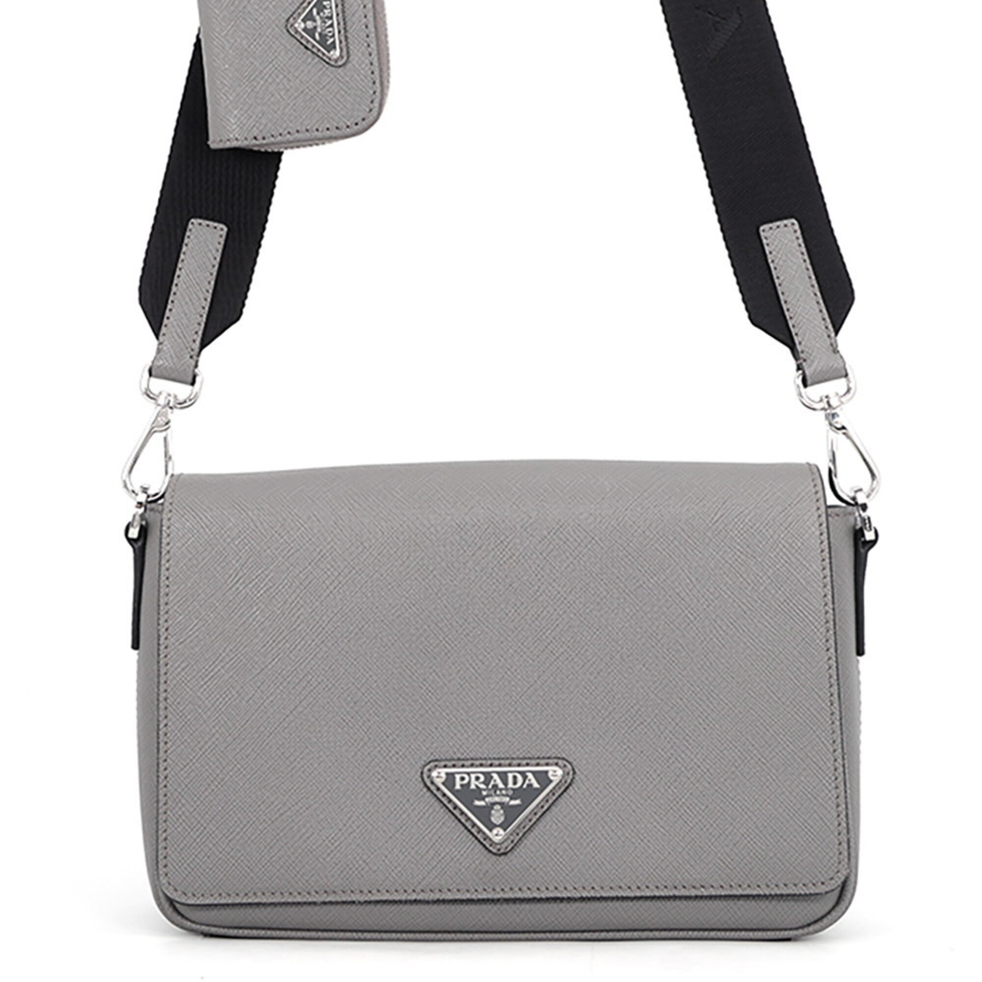 Prada Black Gray Saffiano Triangle Leather Shoulder Bag (Pre-Owned)