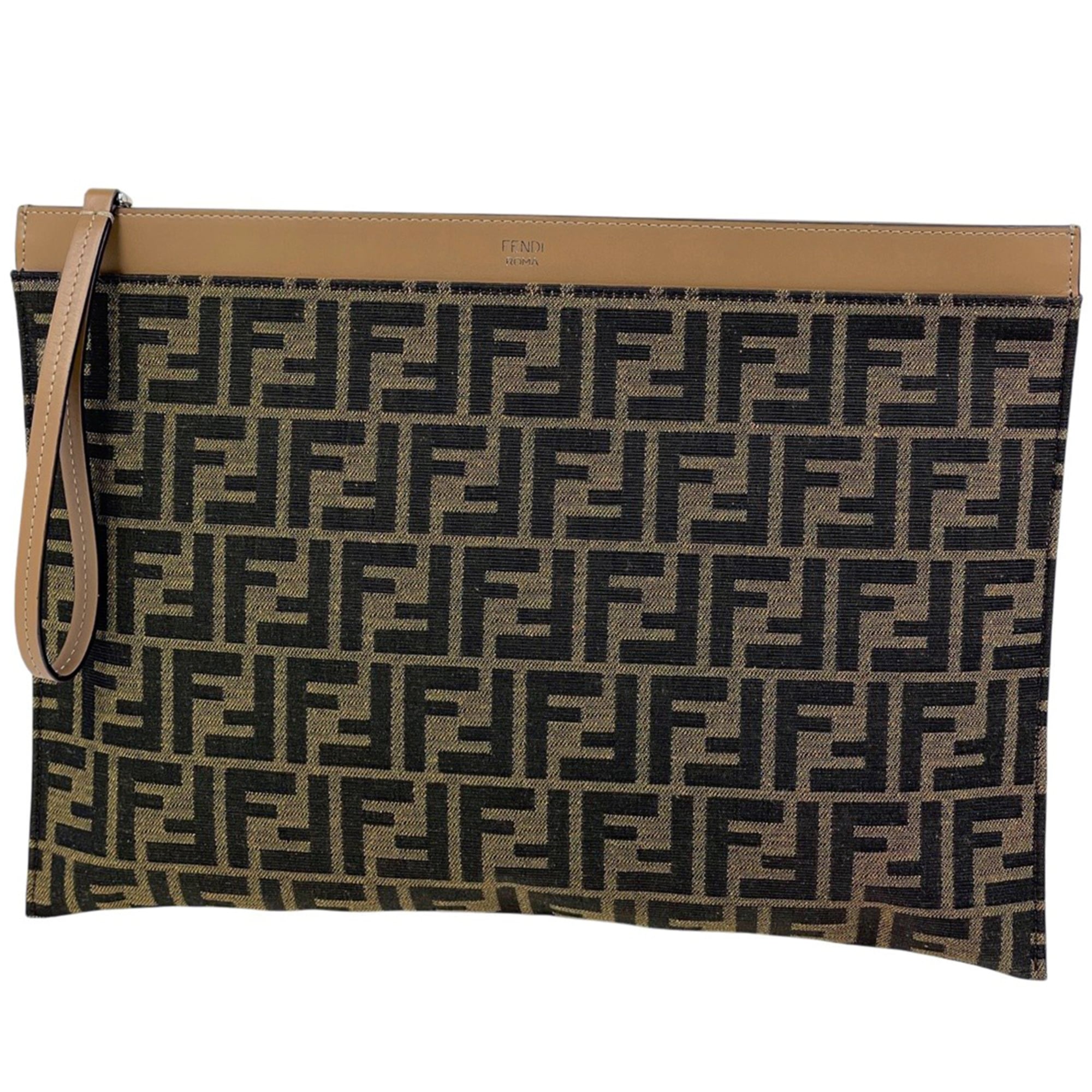 Fendi Zucca Brown Canvas Leather Clutch Bag (Pre-Owned)