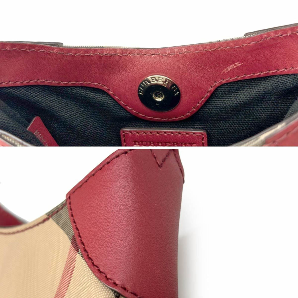 Burberry Beige Red Color Canvas Leather Shoulder Bag (Pre-Owned)