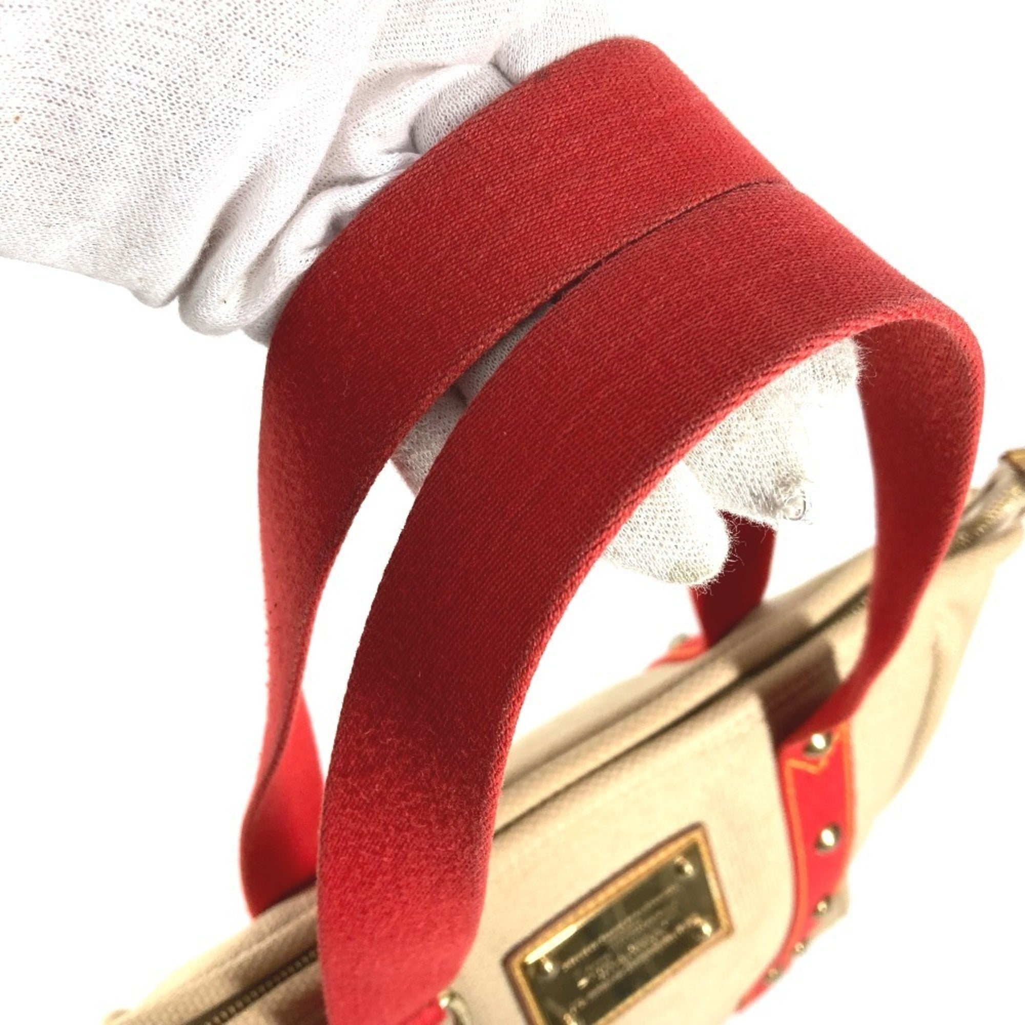 Louis Vuitton Beige Red Color Canvas Leather Shoulder Bag Tote Bag (Pre-Owned)