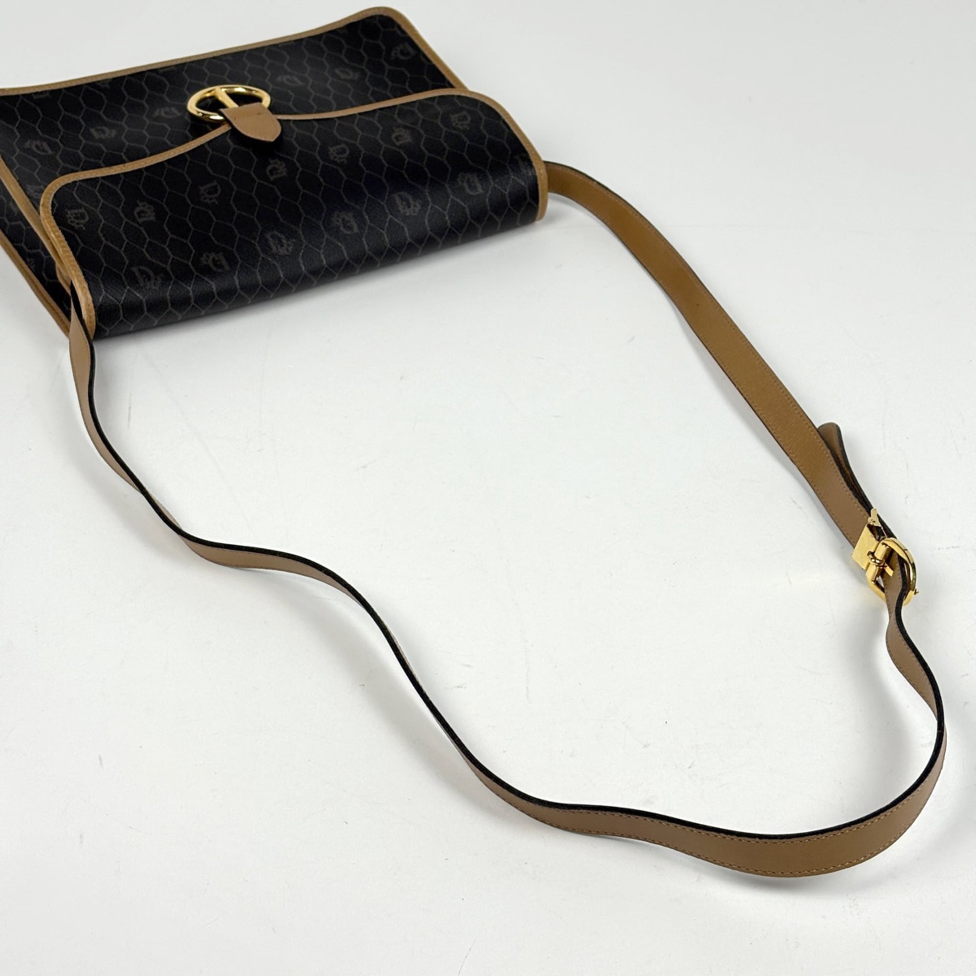 Christian Dior Beige Black Coated Canvas Shoulder Bag (Pre-Owned)