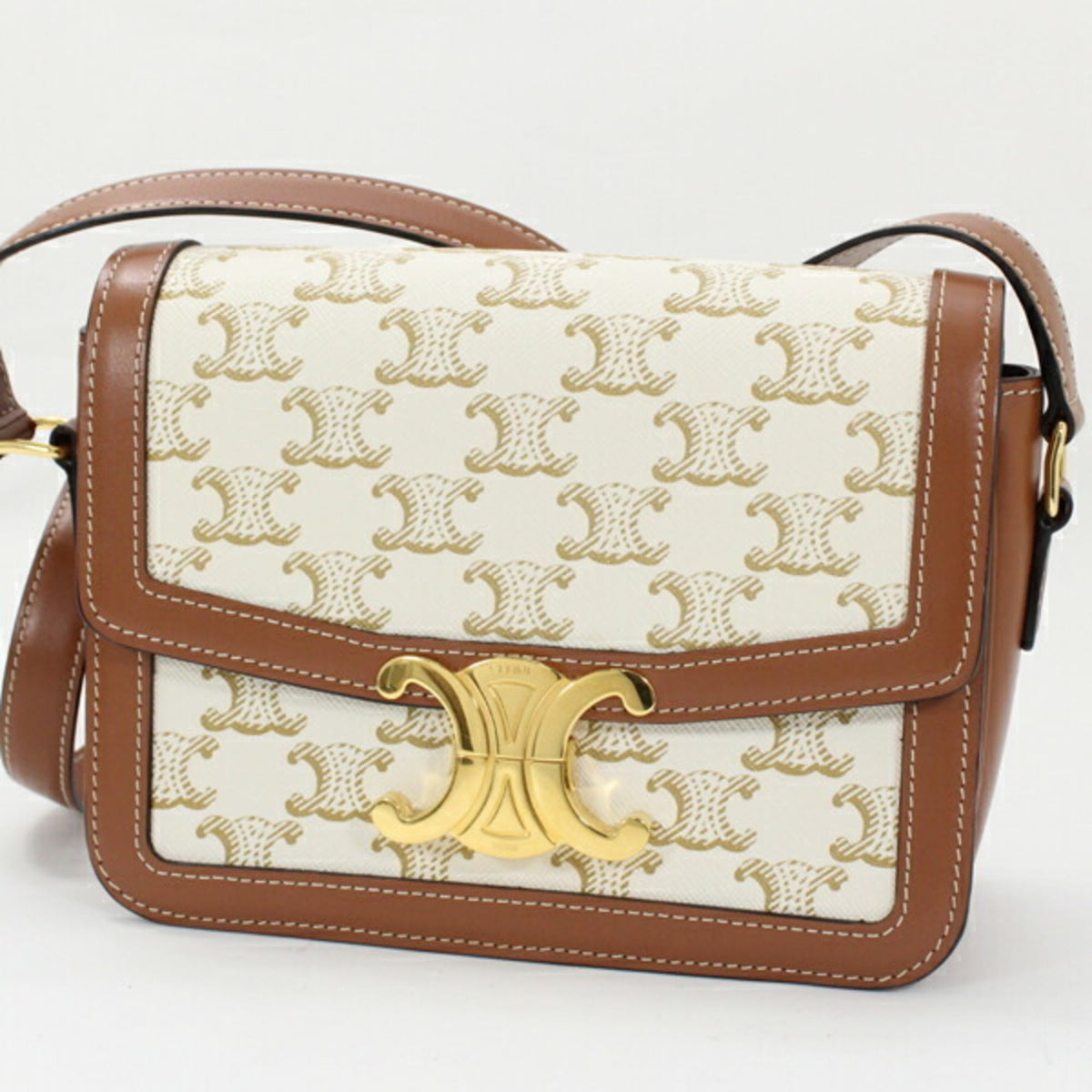 Celine Brown White Canvas Leather Shoulder Bag (Pre-Owned)