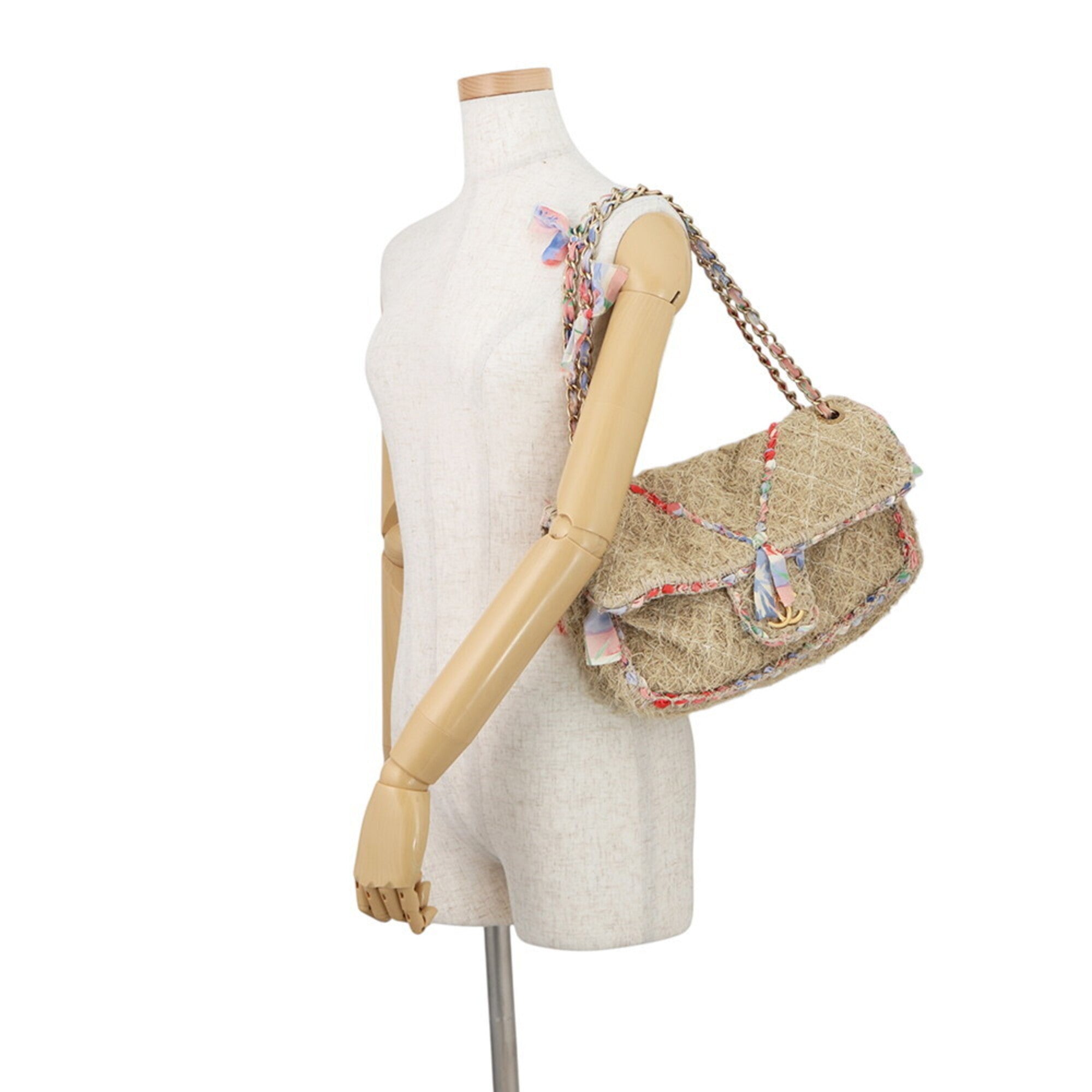 Chanel Beige Multi-Color Raffia Handbag Shoulder Bag (Pre-Owned)