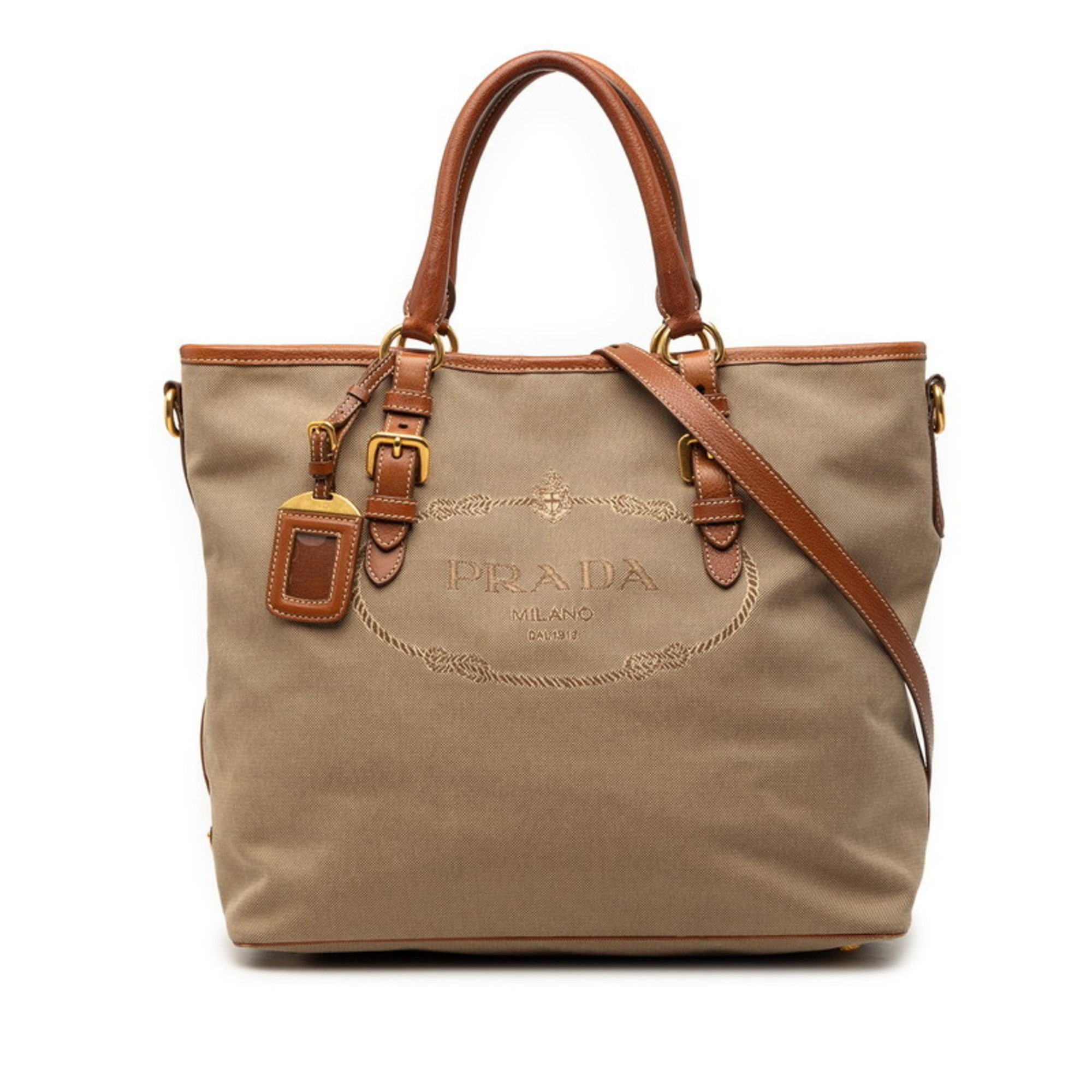 Prada Beige Brown Canvas Leather Shoulder Bag Tote Bag (Pre-Owned)
